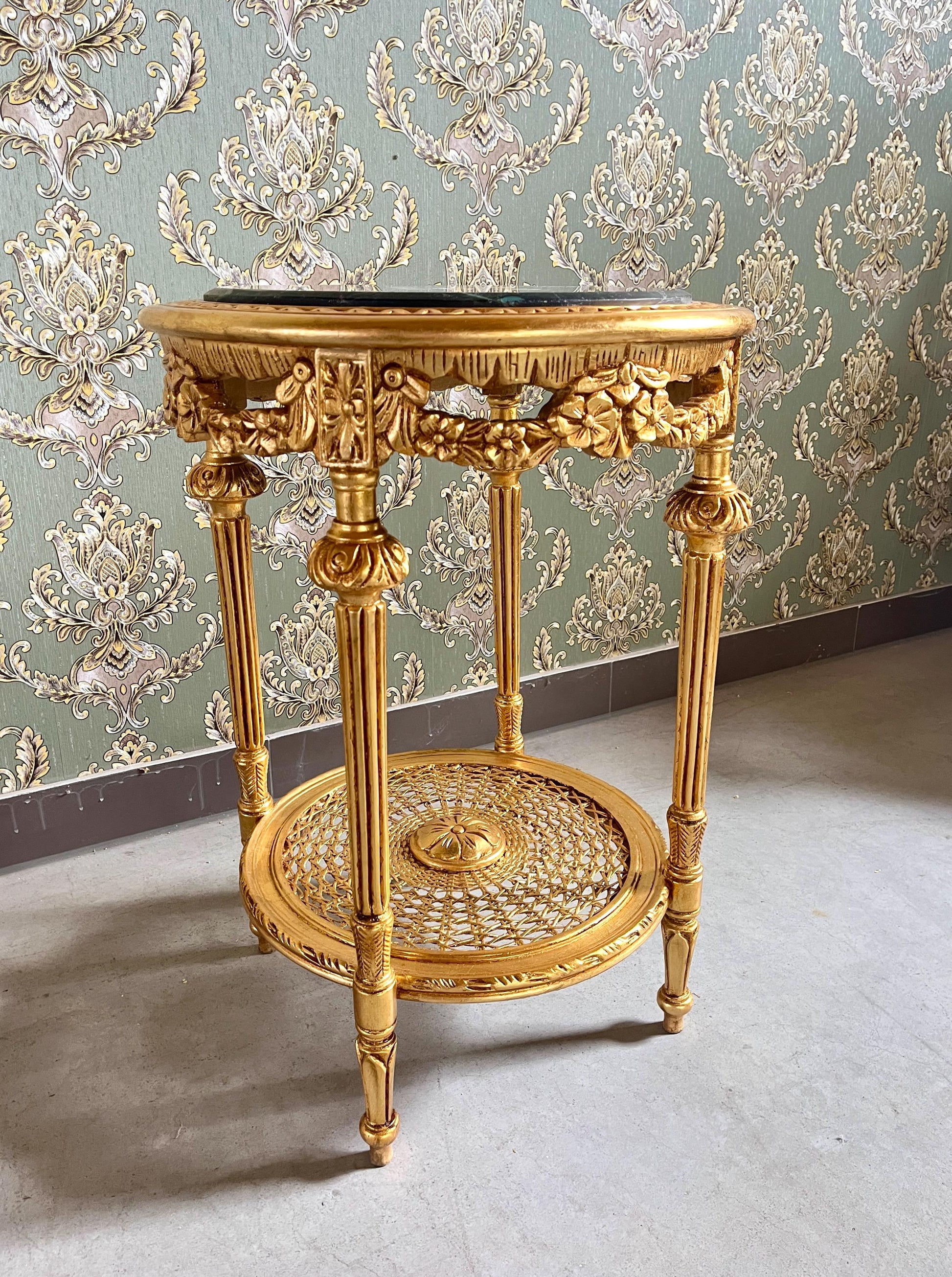 Gold Finish Baroque Side Table: Dark Green Marble Top, Antique Style