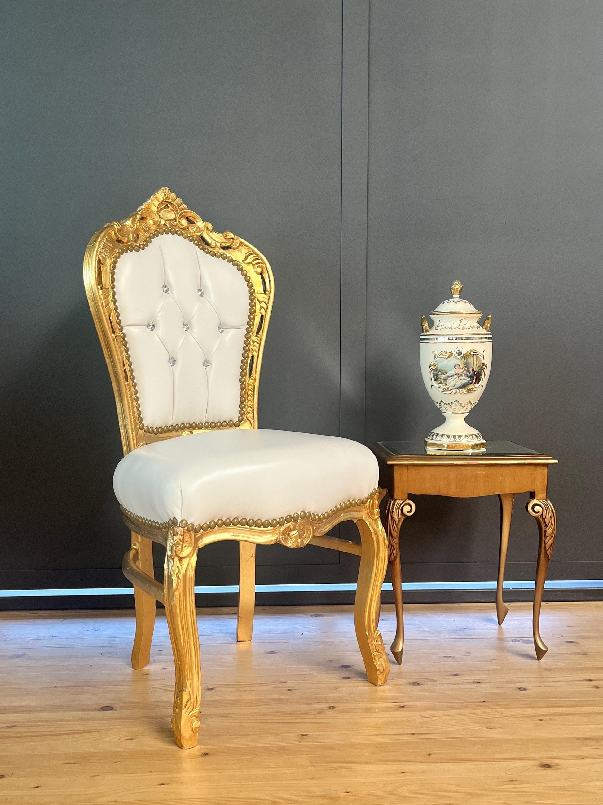 White Faux Leather Rococo Accent Chair: Gold Finish, Crystal Backrest
