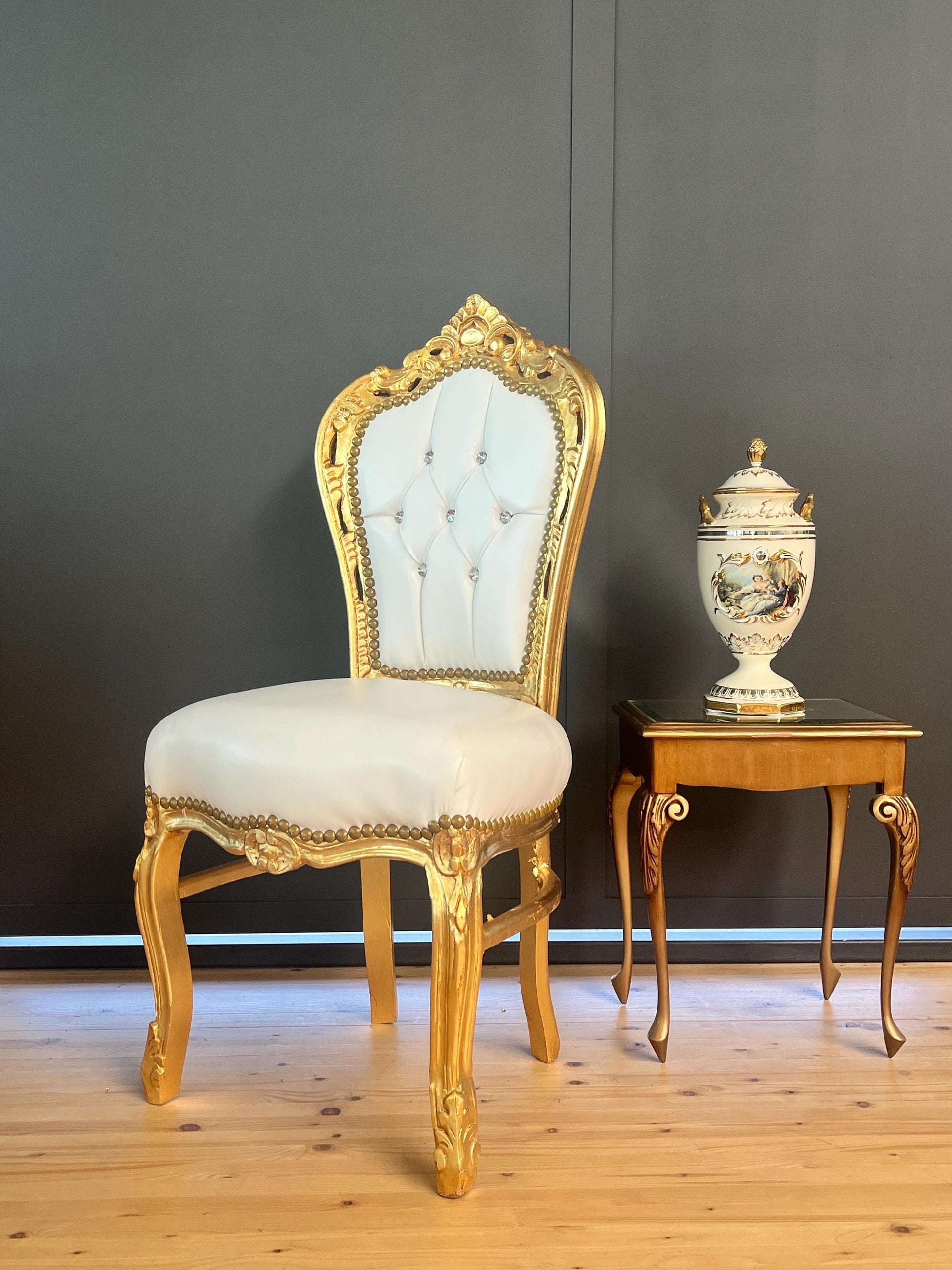 White Faux Leather Rococo Accent Chair: Gold Finish, Crystal Backrest