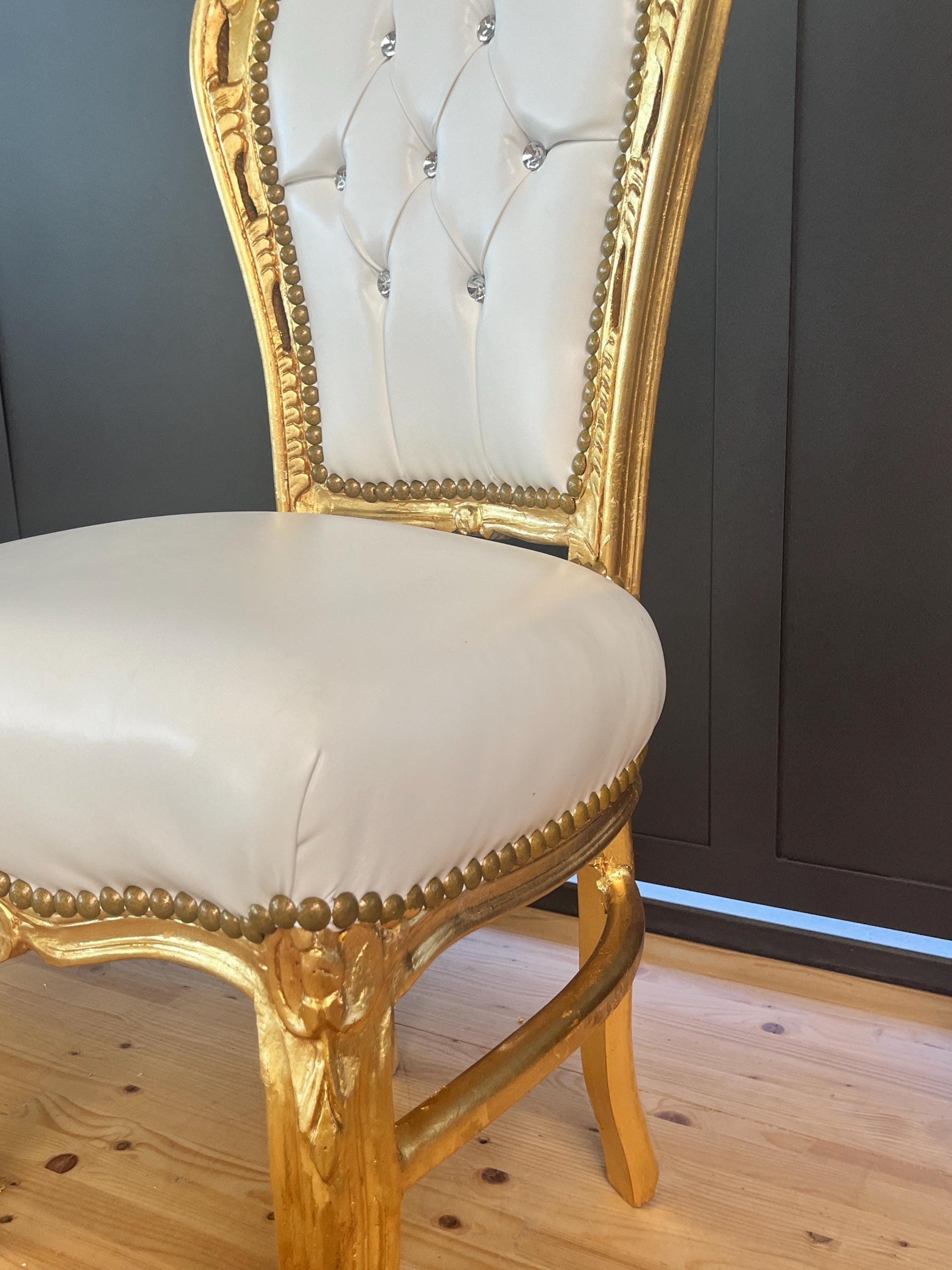 White Faux Leather Rococo Accent Chair: Gold Finish, Crystal Backrest