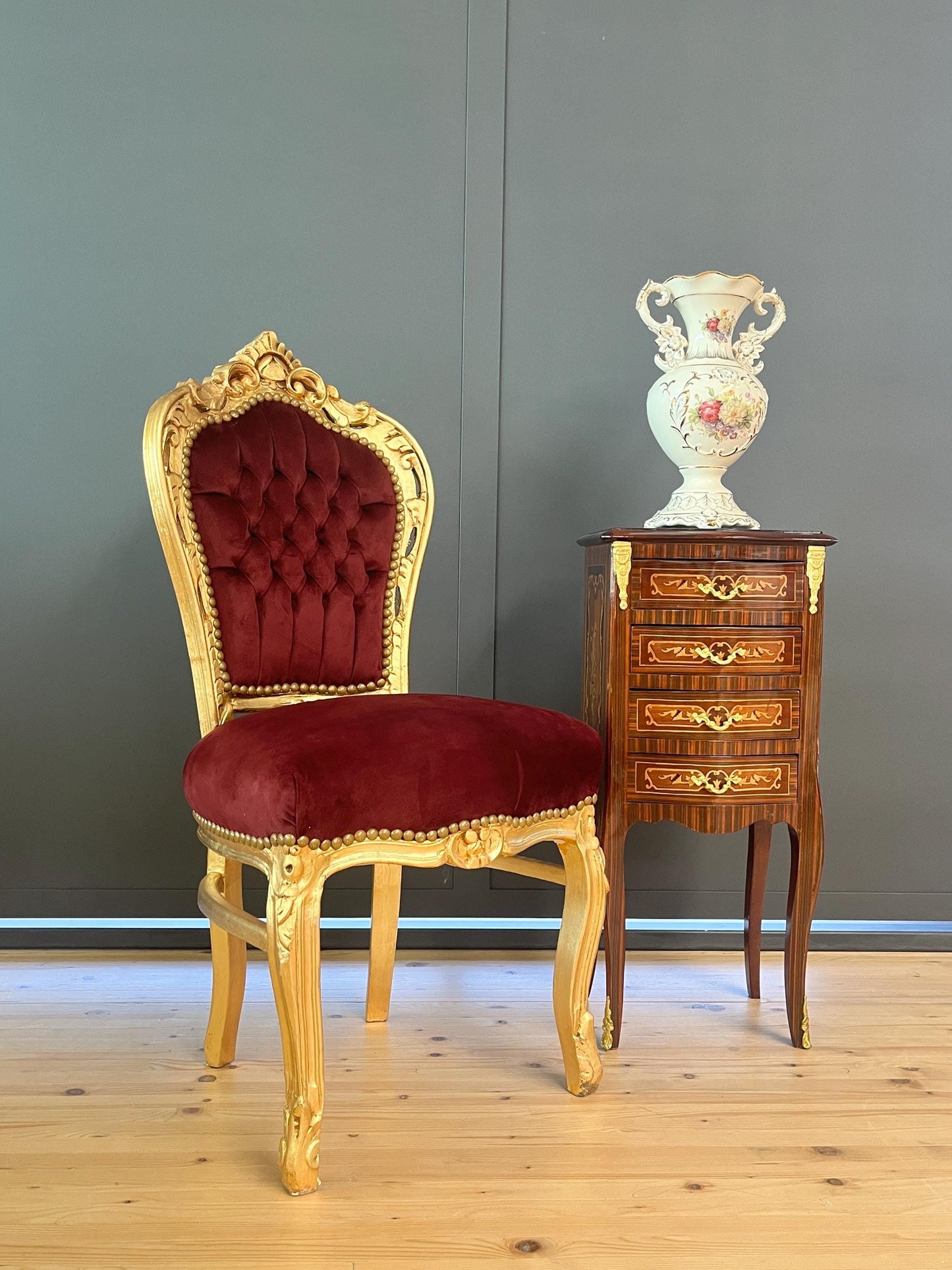 Accent Chair French Louis XV Style in Bordeaux Red Velvet Baroque Rococo Gold Finish