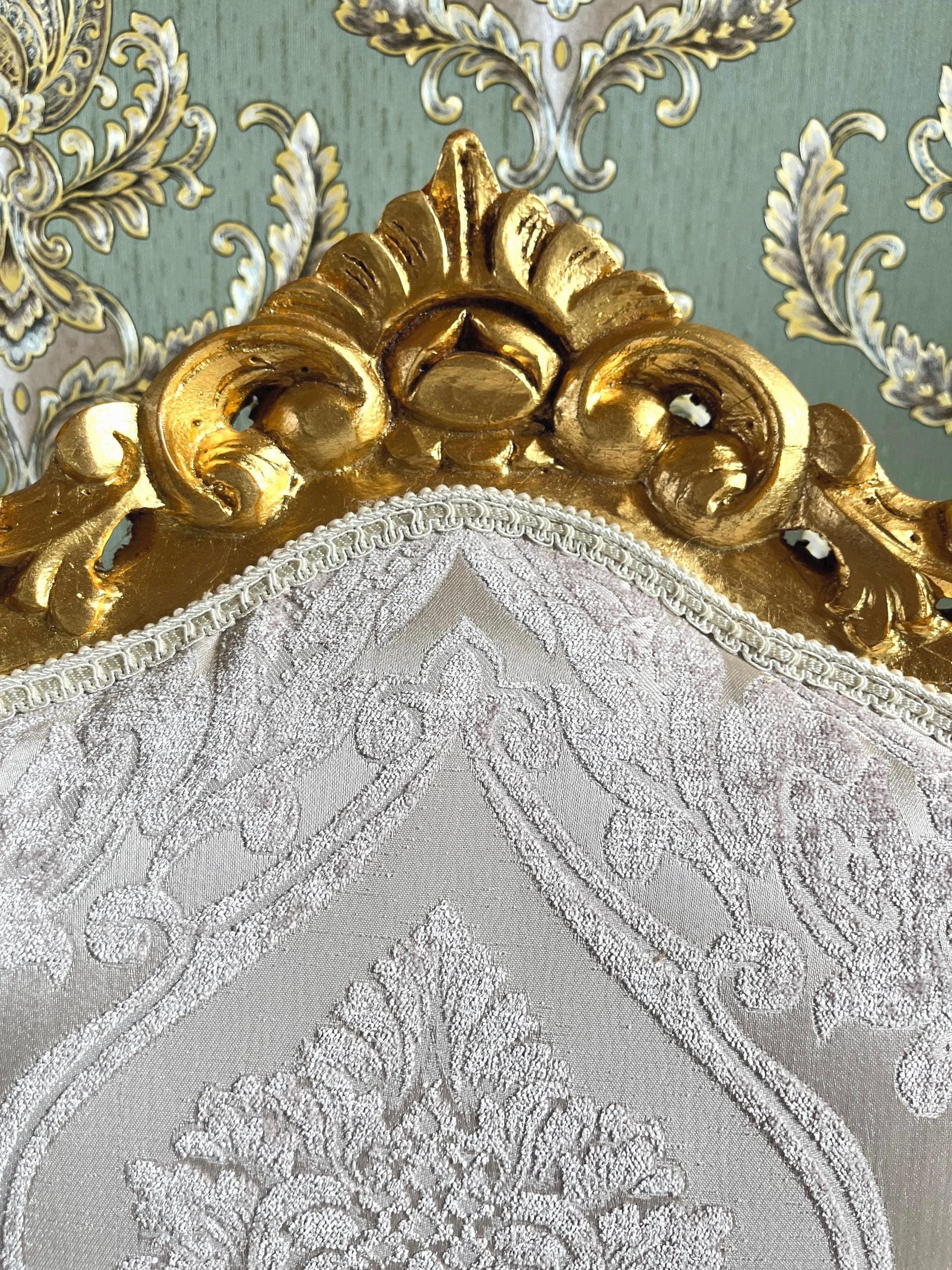 French Baroque Style Armchair: Beige Flower Pattern, Gold Finish
