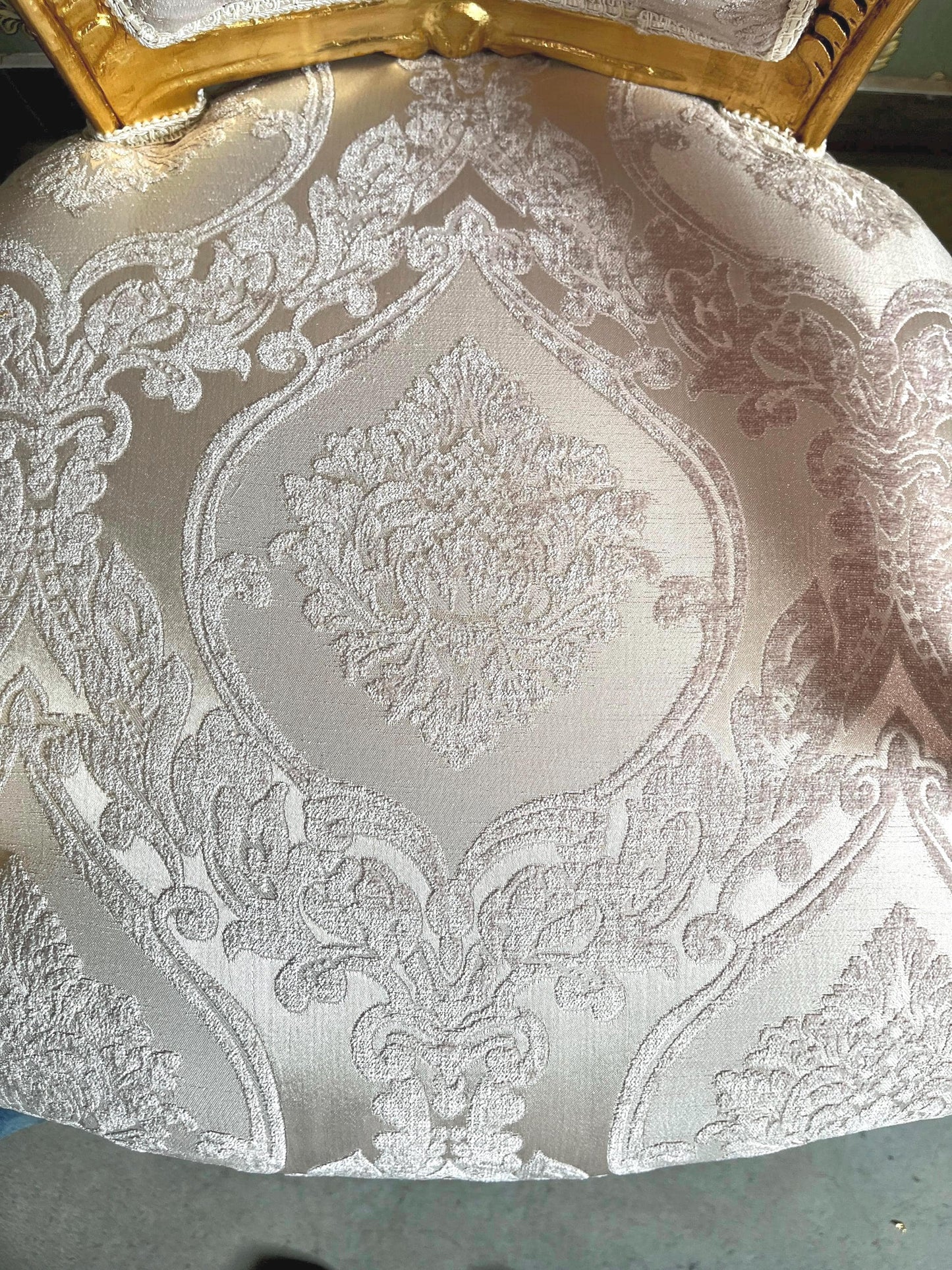 French Baroque Style Armchair: Beige Flower Pattern, Gold Finish