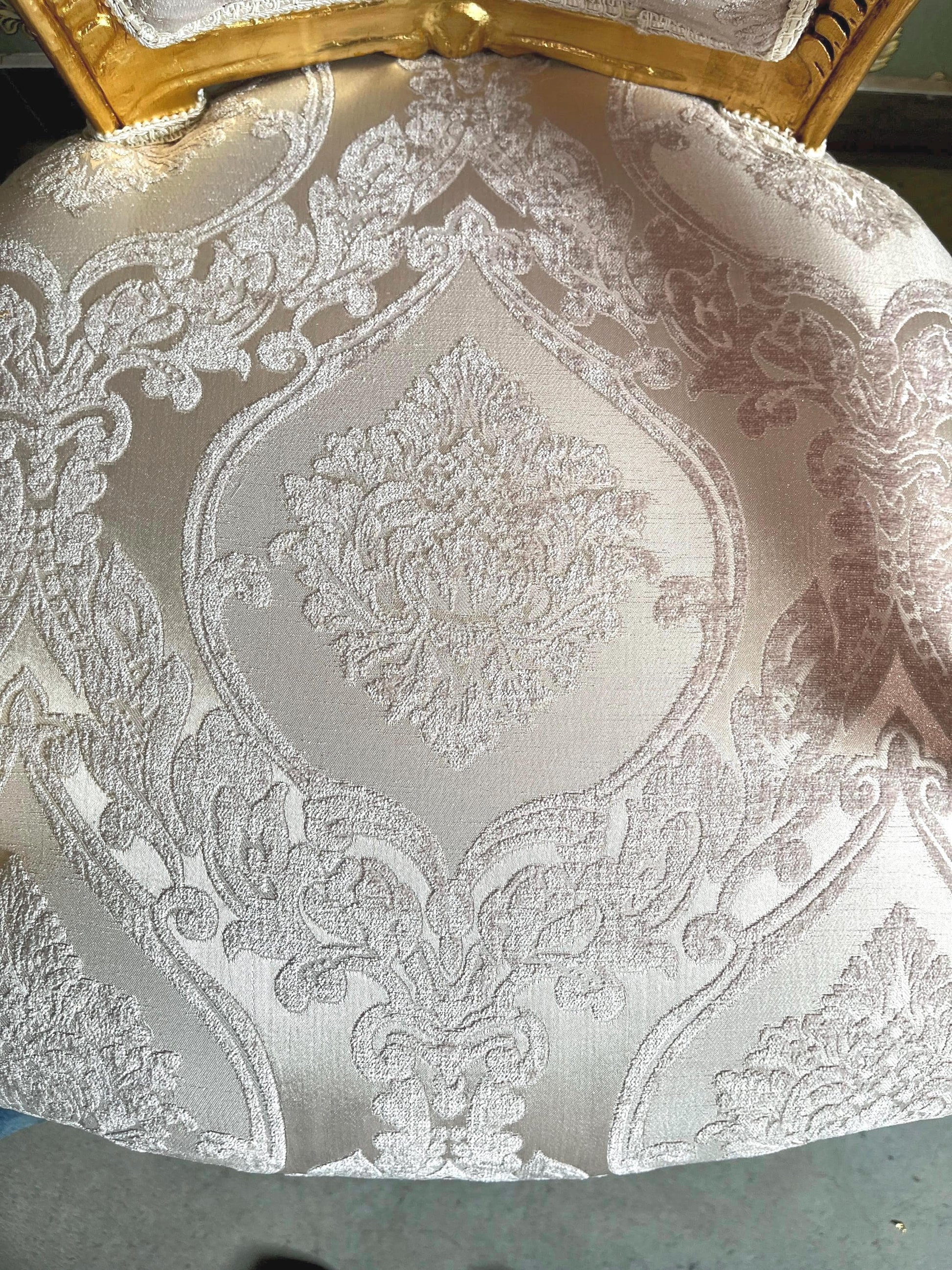 French Baroque Style Armchair: Beige Flower Pattern, Gold Finish