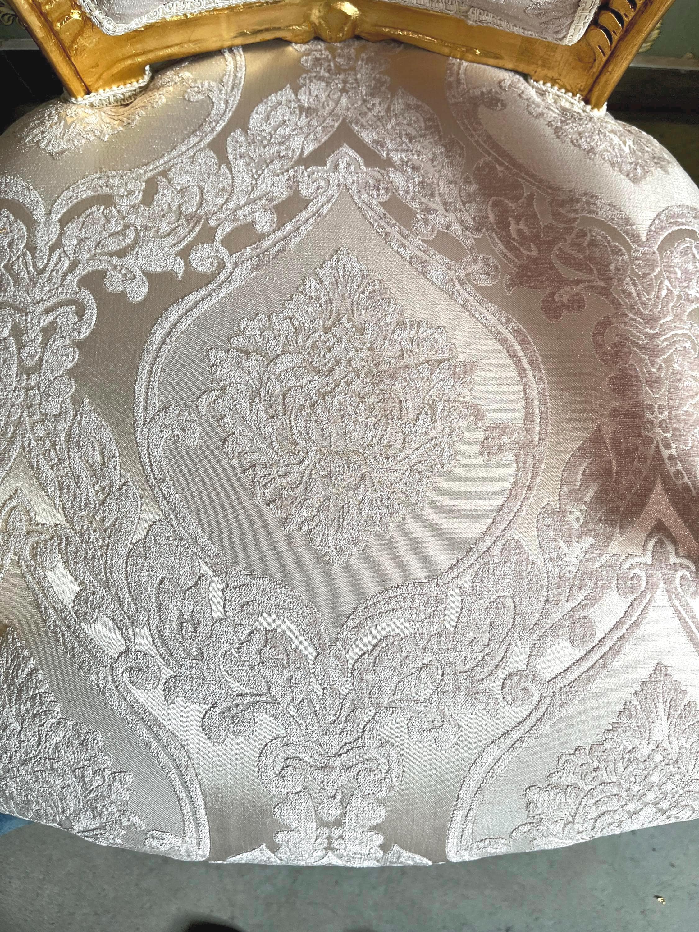 French Baroque Style Armchair: Beige Flower Pattern, Gold Finish