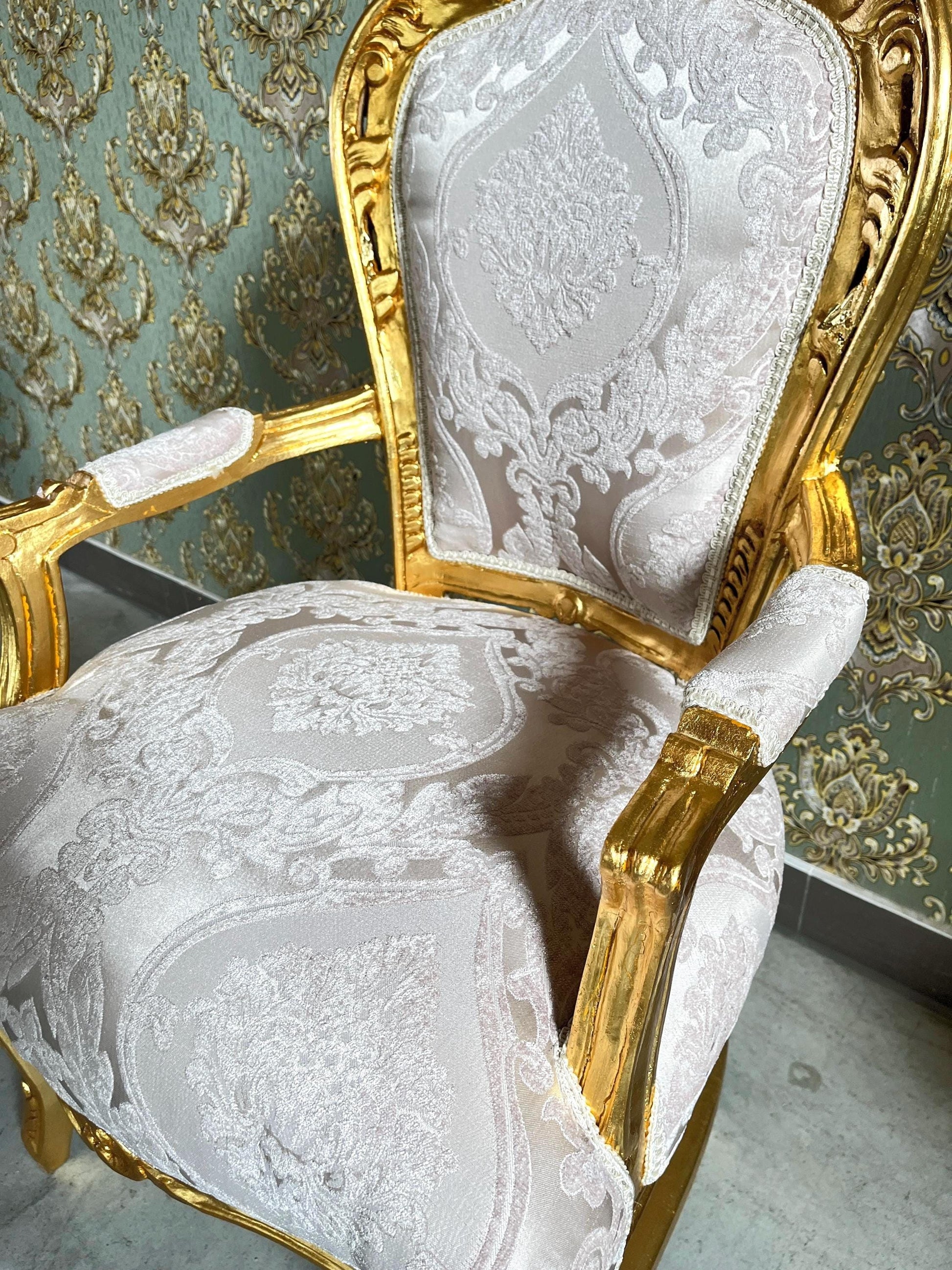 French Baroque Style Armchair: Beige Flower Pattern, Gold Finish