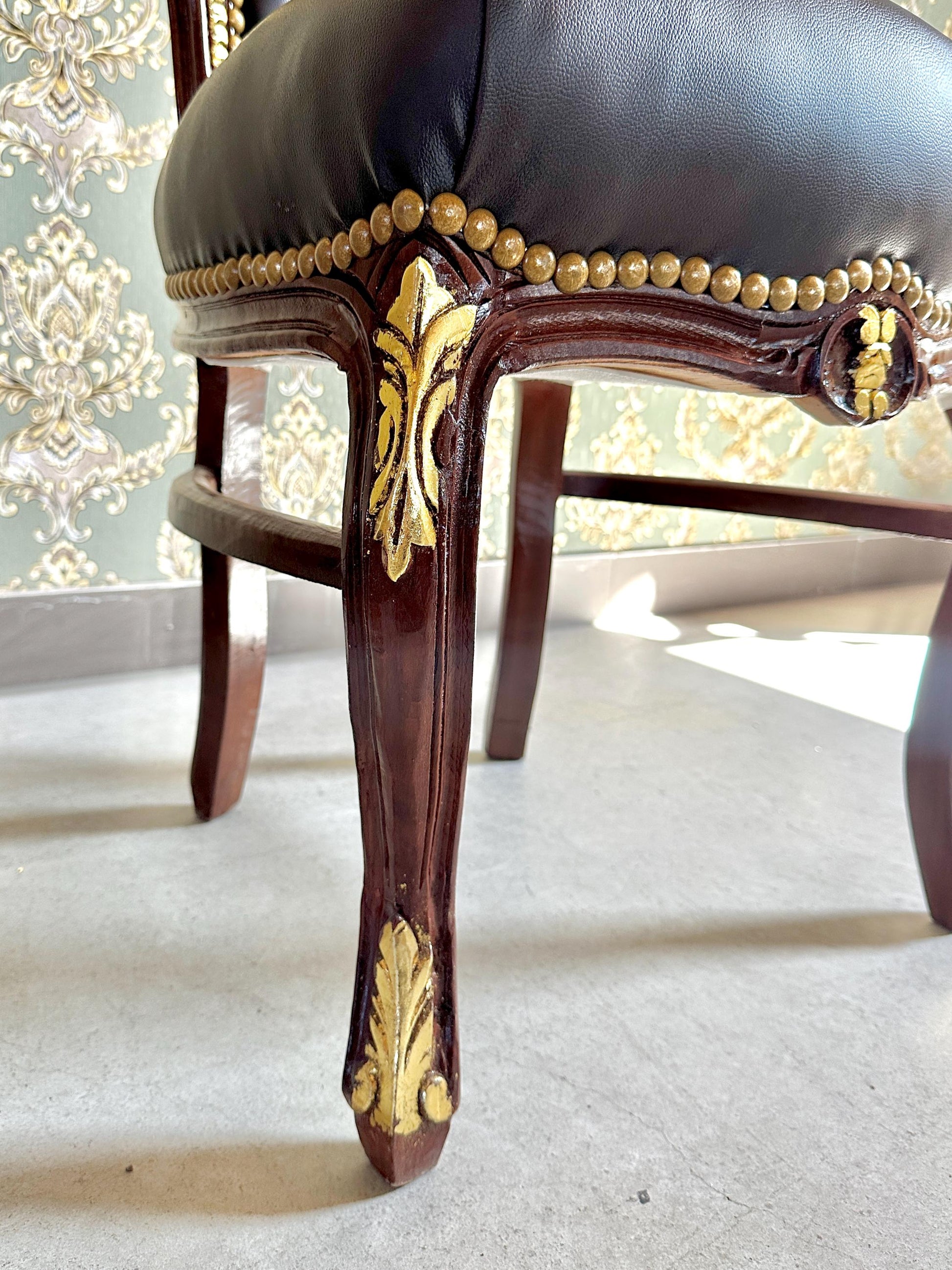 Handmade Louis XV Baroque Chair: Brown Faux Leather Dining Accent