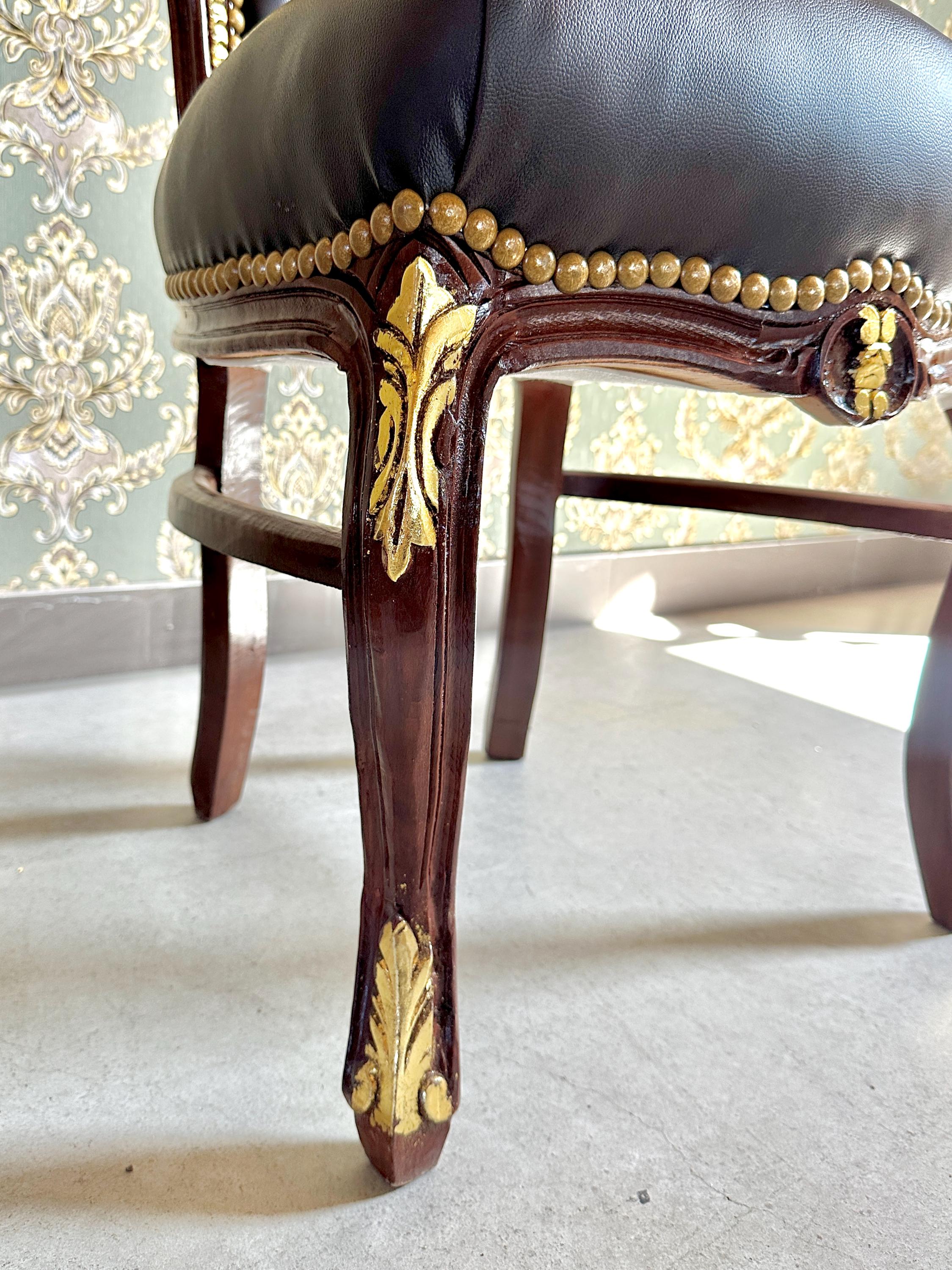 Handmade Louis XV Baroque Chair: Brown Faux Leather Dining Accent