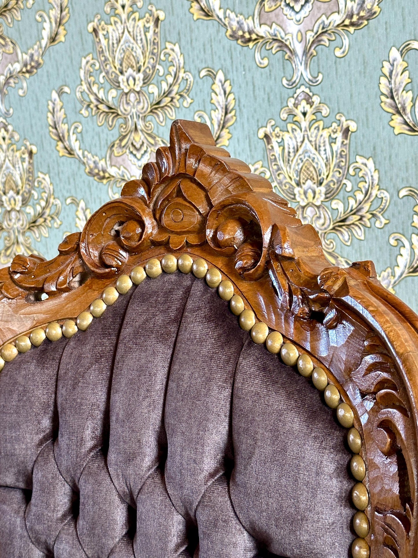 Brown Velvet Accent Chair: French Baroque Style Dining Chair, Tufted Backrest, Wooden Brown Color