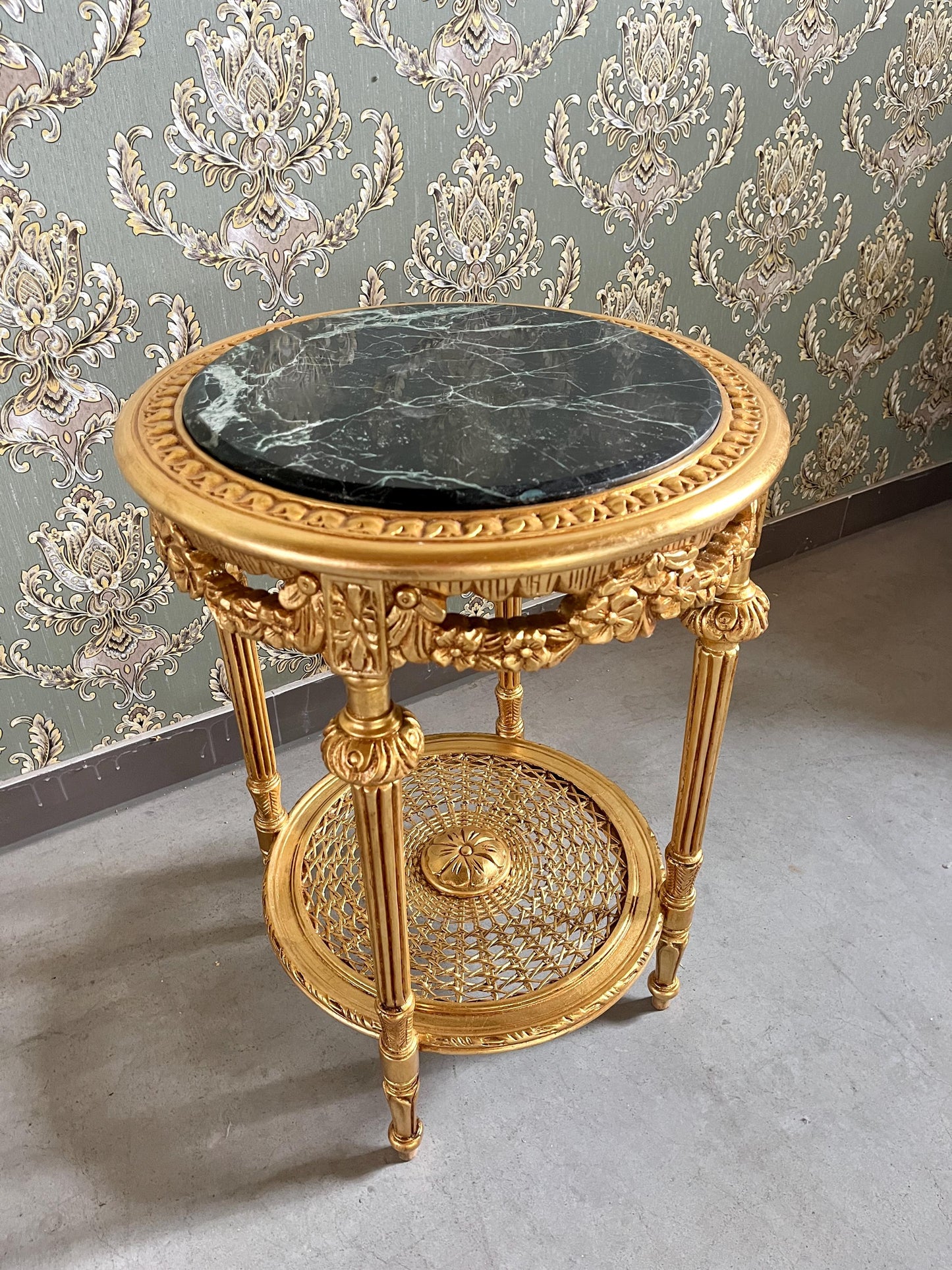 Gold Finish Baroque Side Table: Dark Green Marble Top, Antique Style