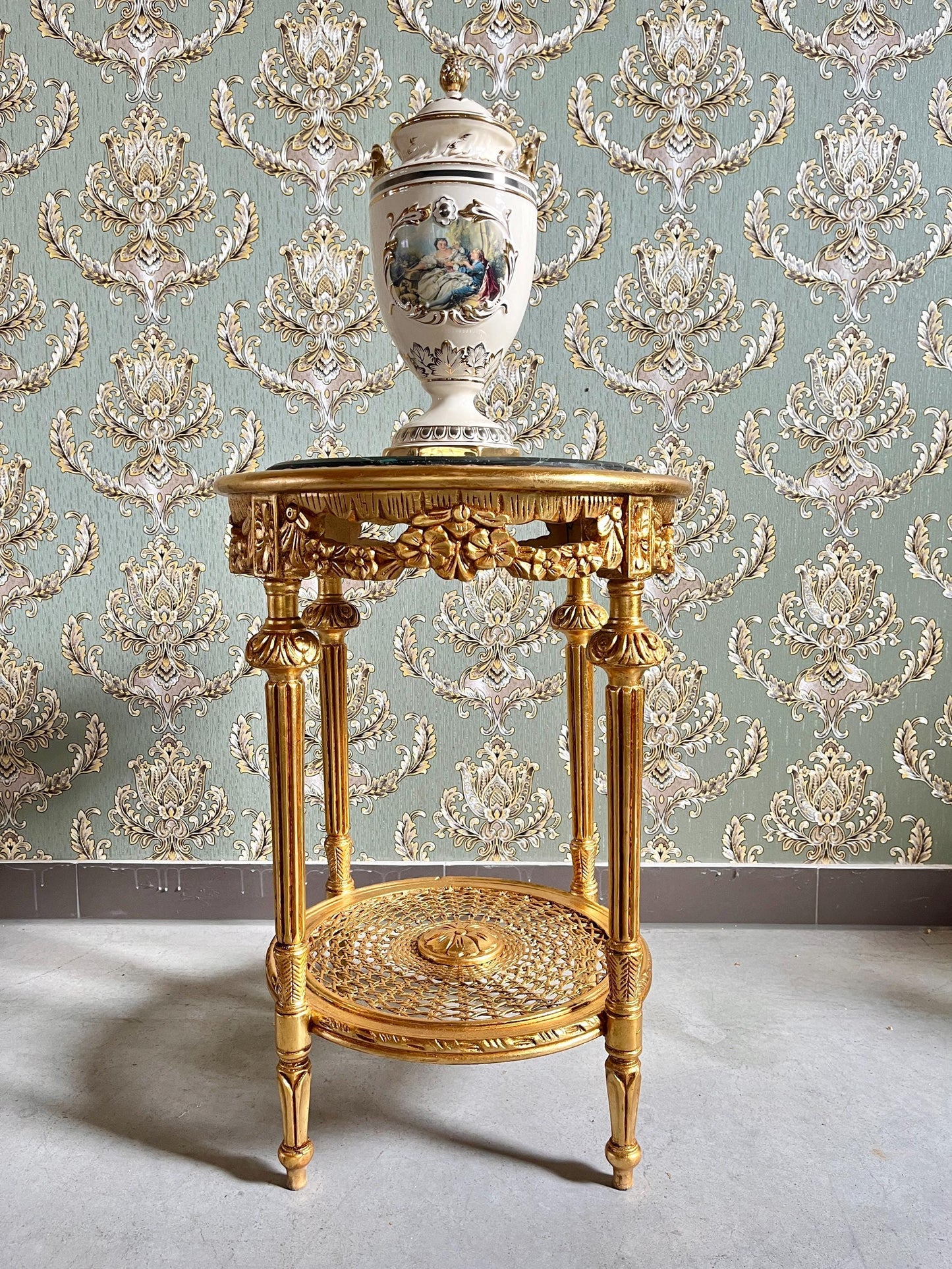 Gold Finish Baroque Side Table: Dark Green Marble Top, Antique Style