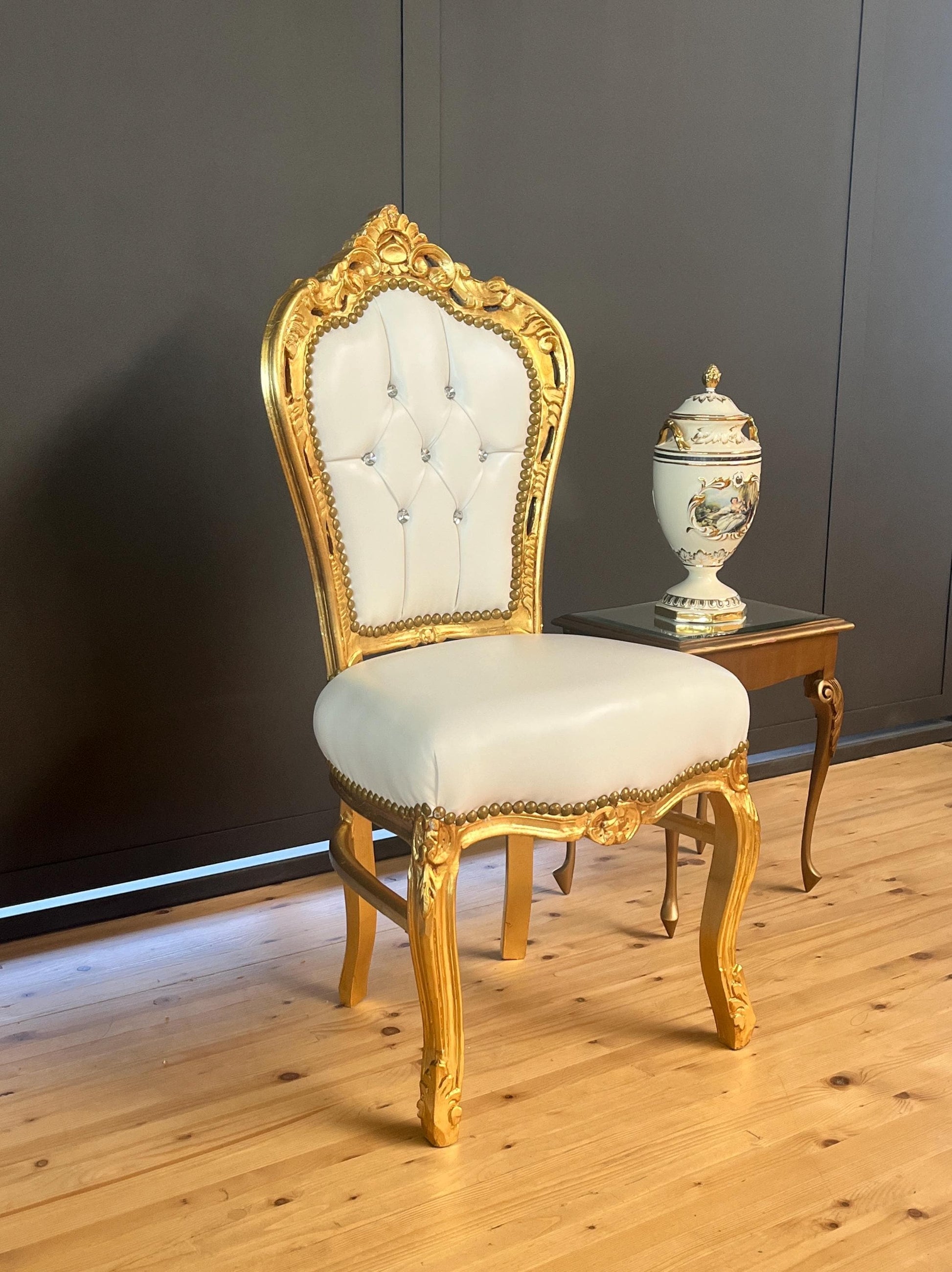 White Faux Leather Rococo Accent Chair: Gold Finish, Crystal Backrest