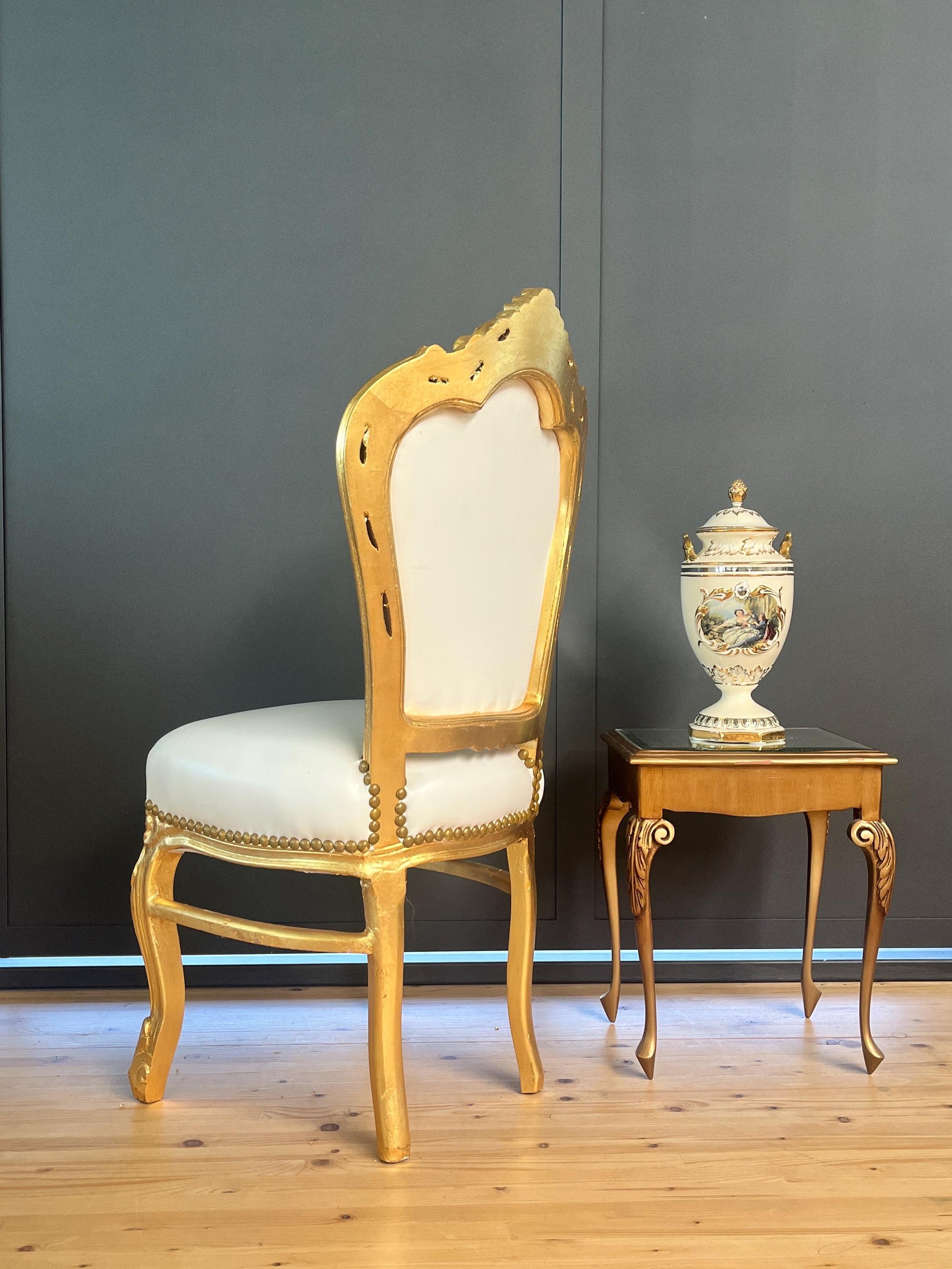 White Faux Leather Rococo Accent Chair: Gold Finish, Crystal Backrest