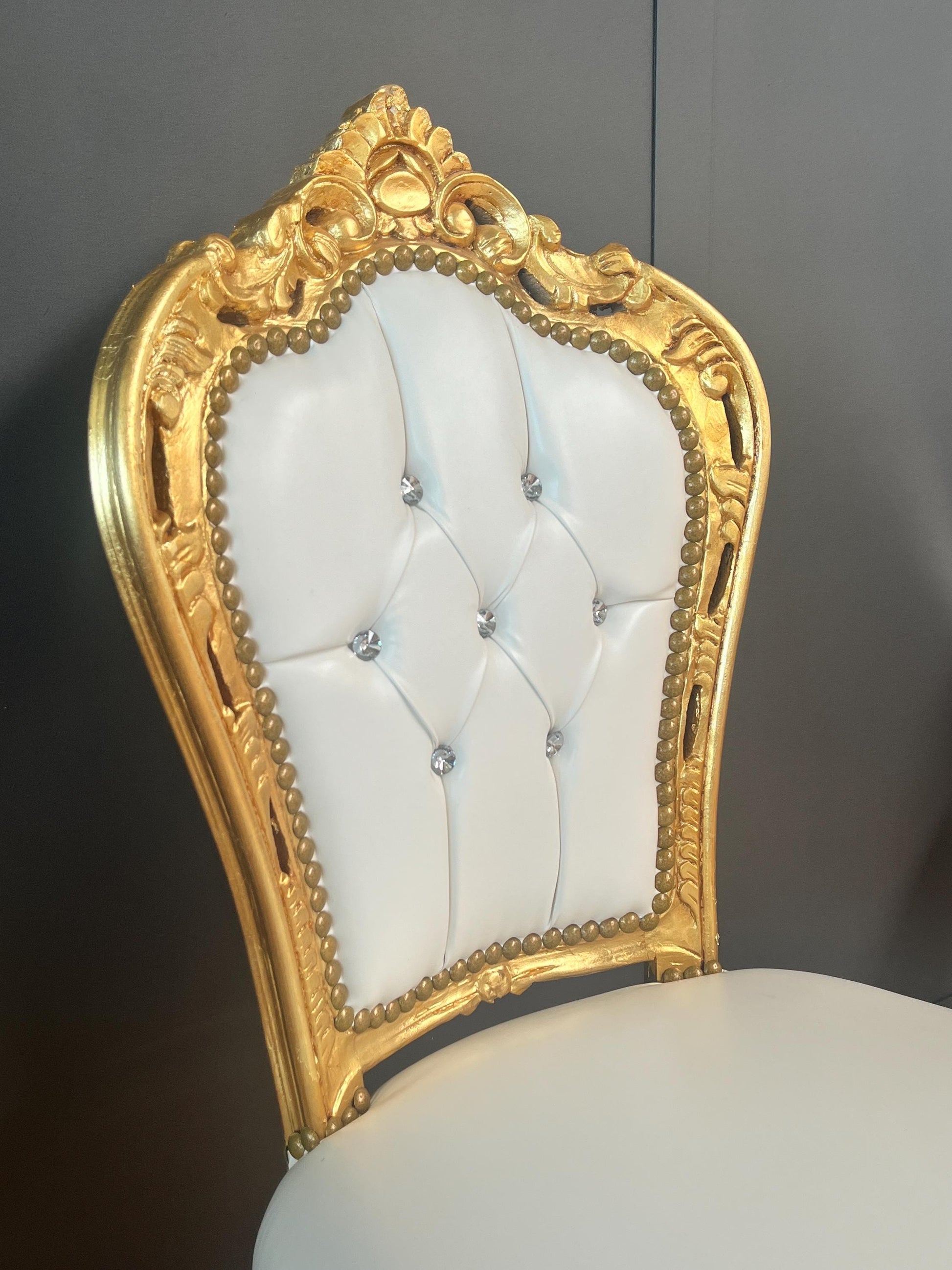White Faux Leather Rococo Accent Chair: Gold Finish, Crystal Backrest