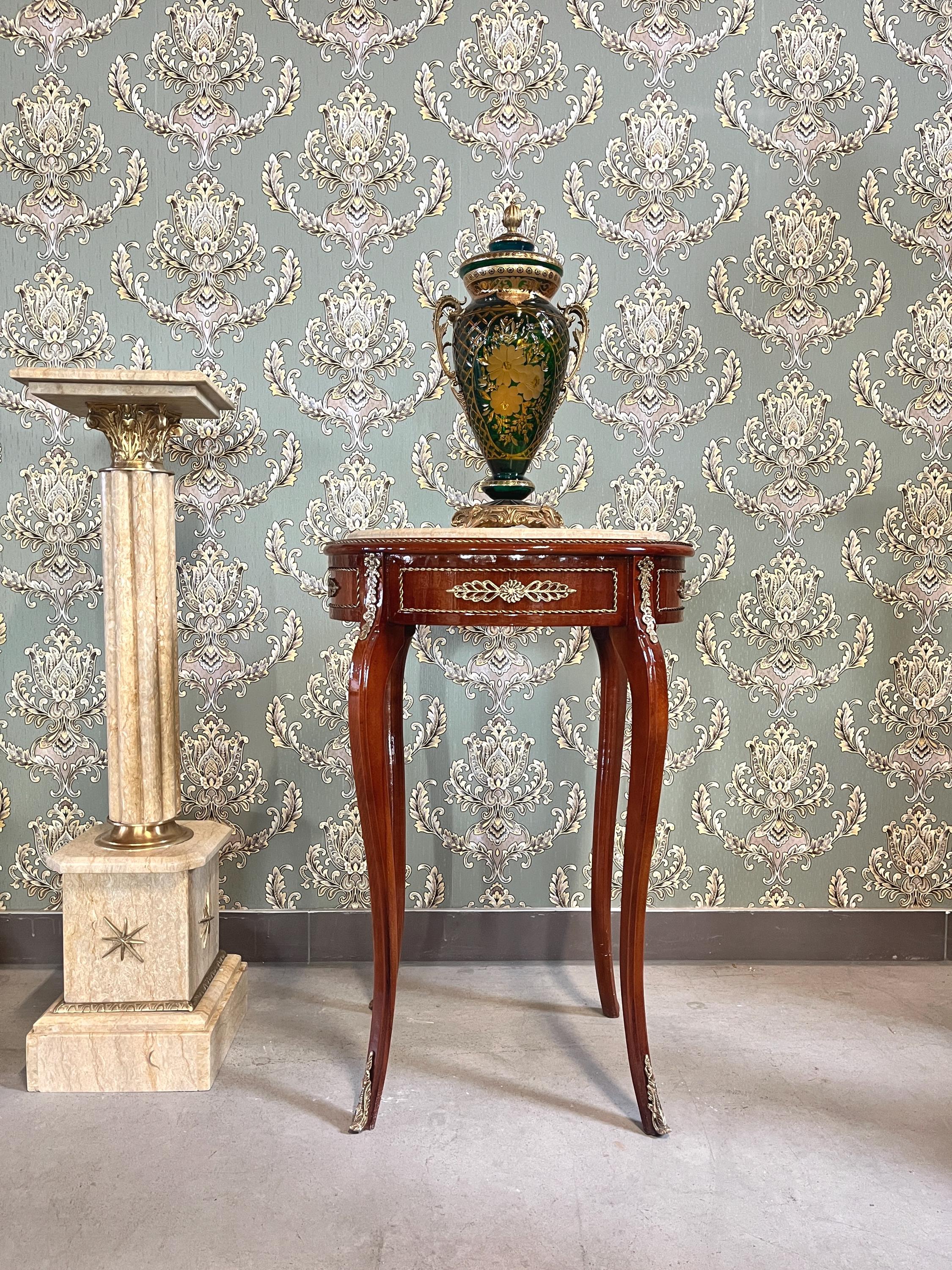 Oval Marble Top Table, Side Table Marble Top, French Louis Baroque Style Wooden Tea Table Beige Color Marble Top Side Table