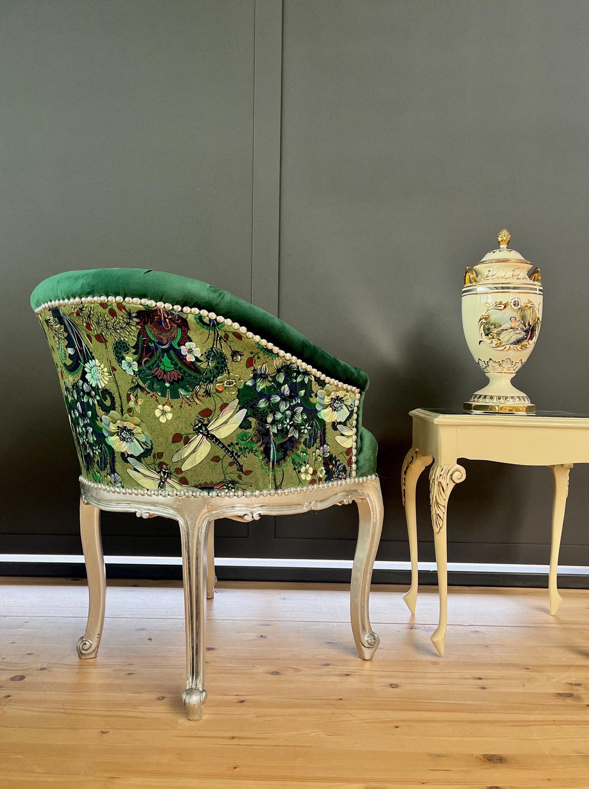 Cocktail Chair Tufted Velvet French Baroque Rococo Style in Animal Jungle Print at Back Bar Chair Velvet Yellow Velvet Green Lounge Chair