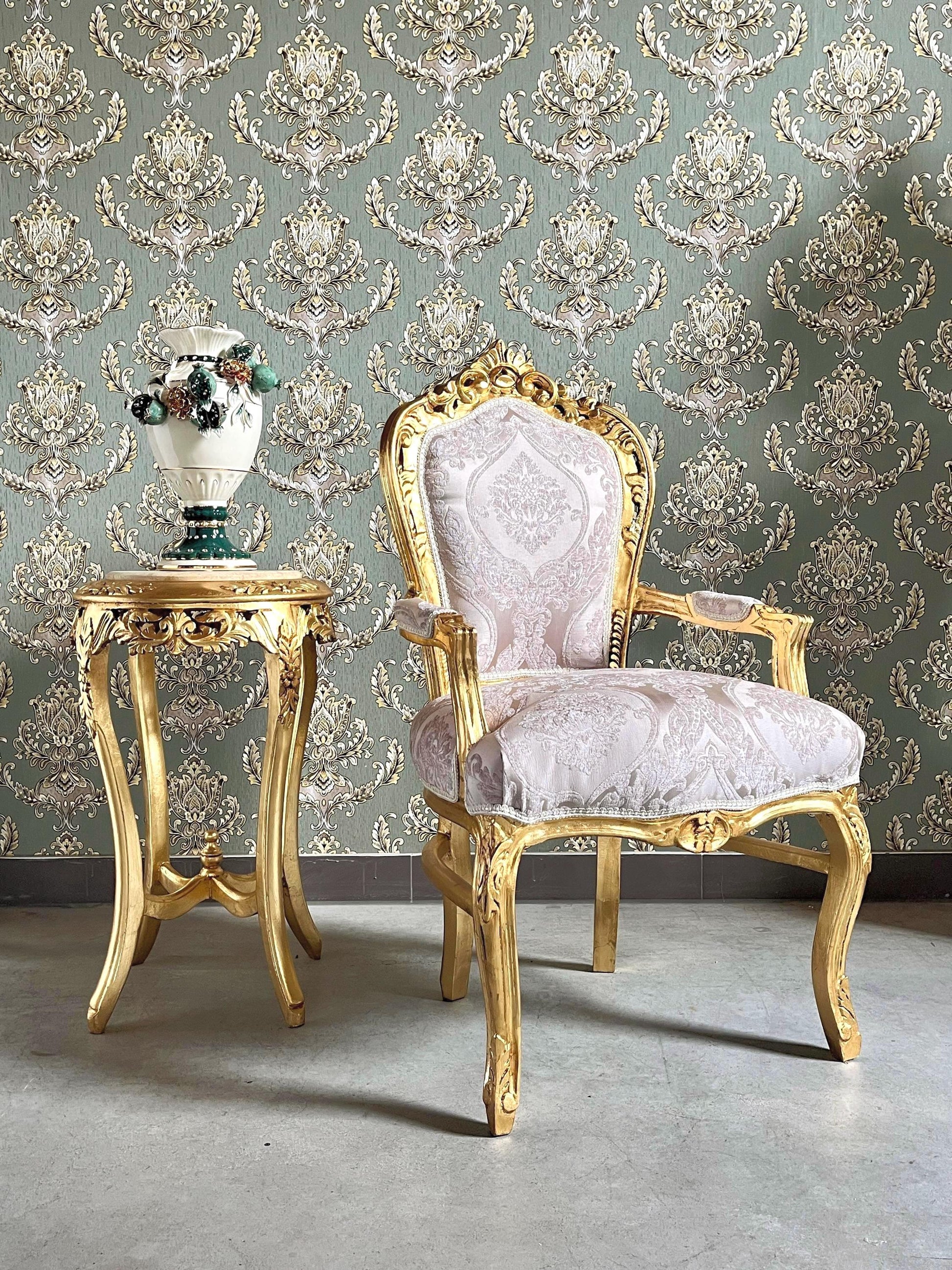 French Baroque Style Armchair: Beige Flower Pattern, Gold Finish