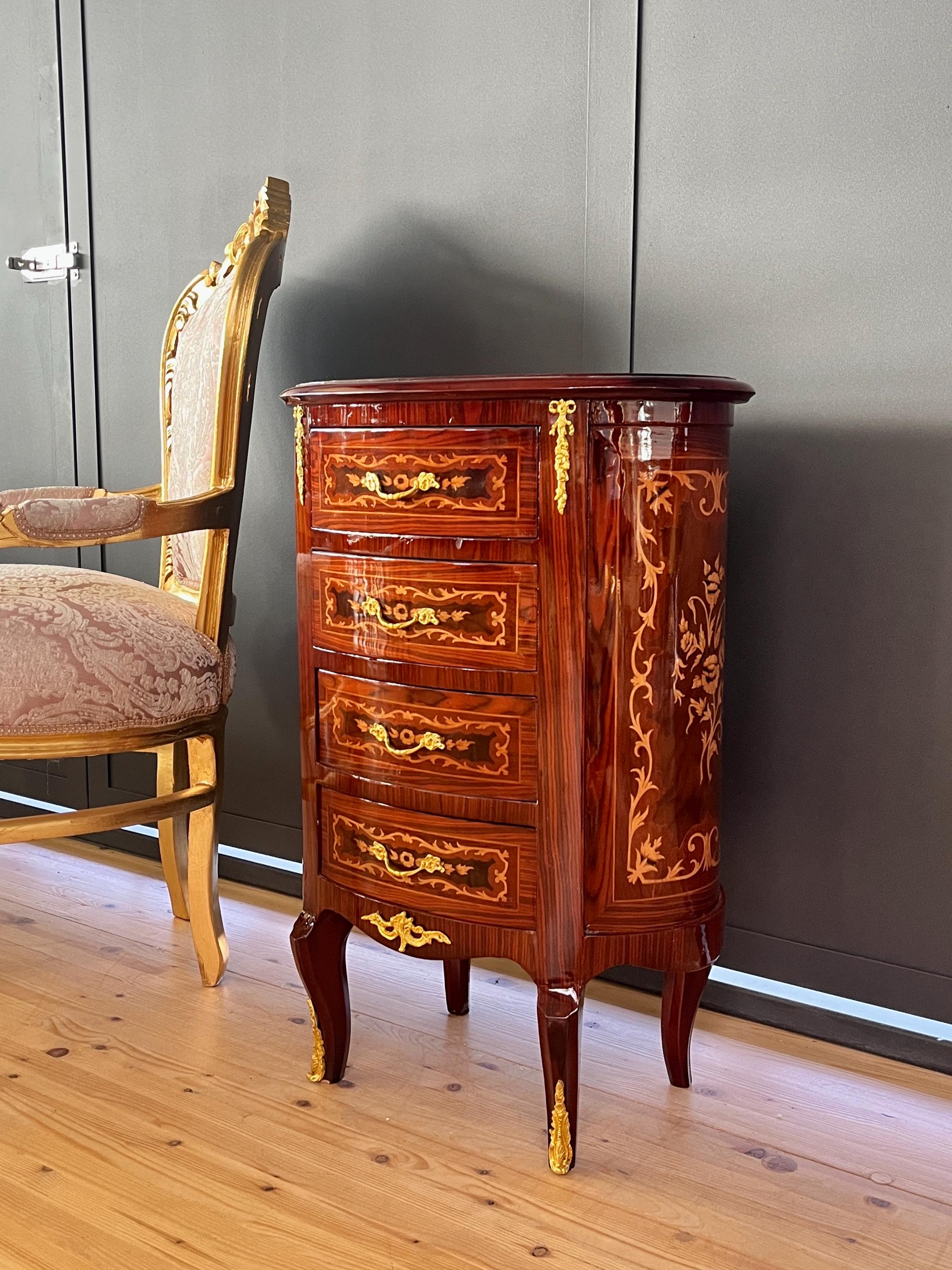 French Antique Style Nightstand Baroque Brown Bedside Table in Oval shape Brass Handles