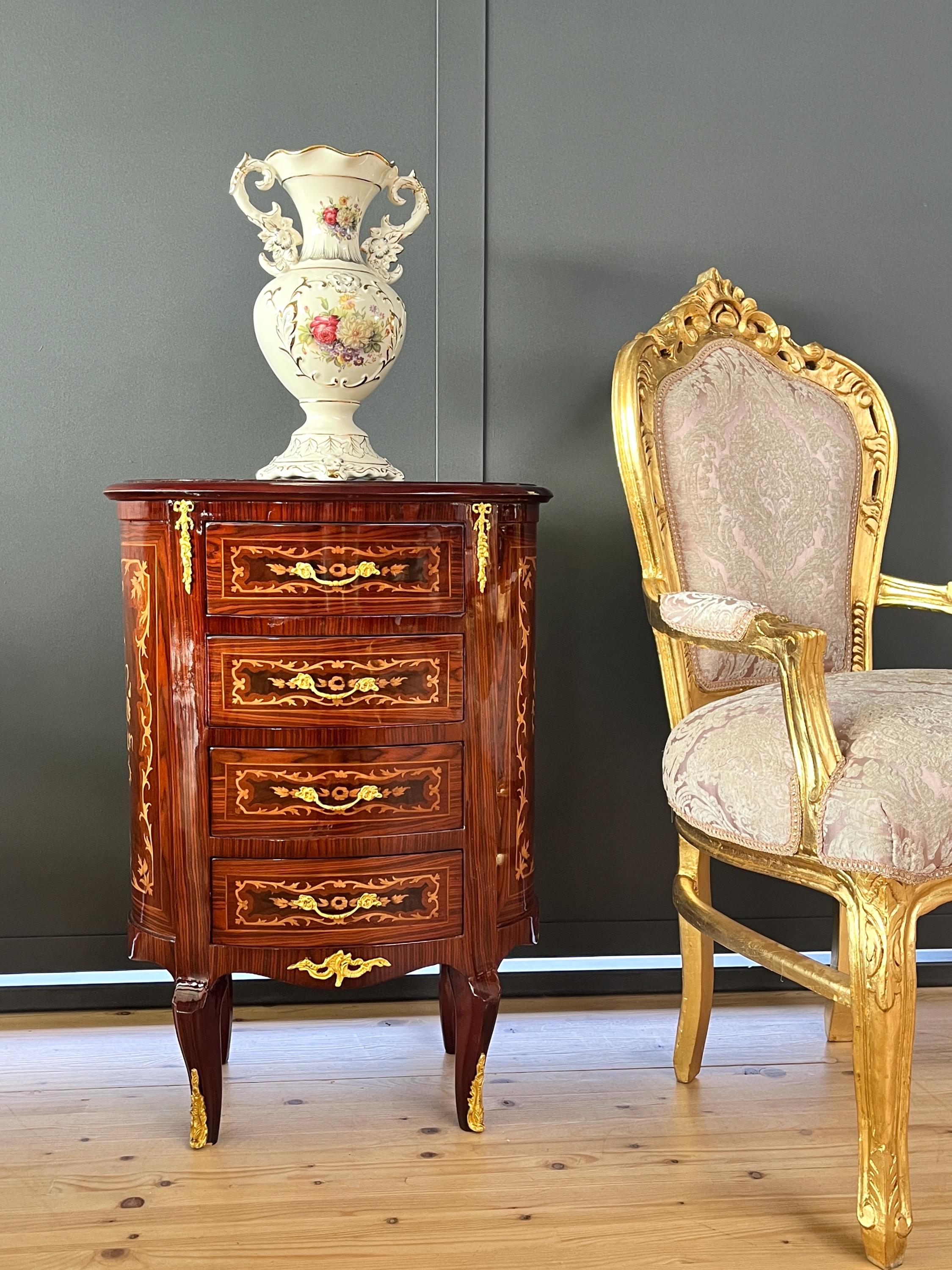 French Antique Style Nightstand Baroque Brown Bedside Table in Oval shape Brass Handles