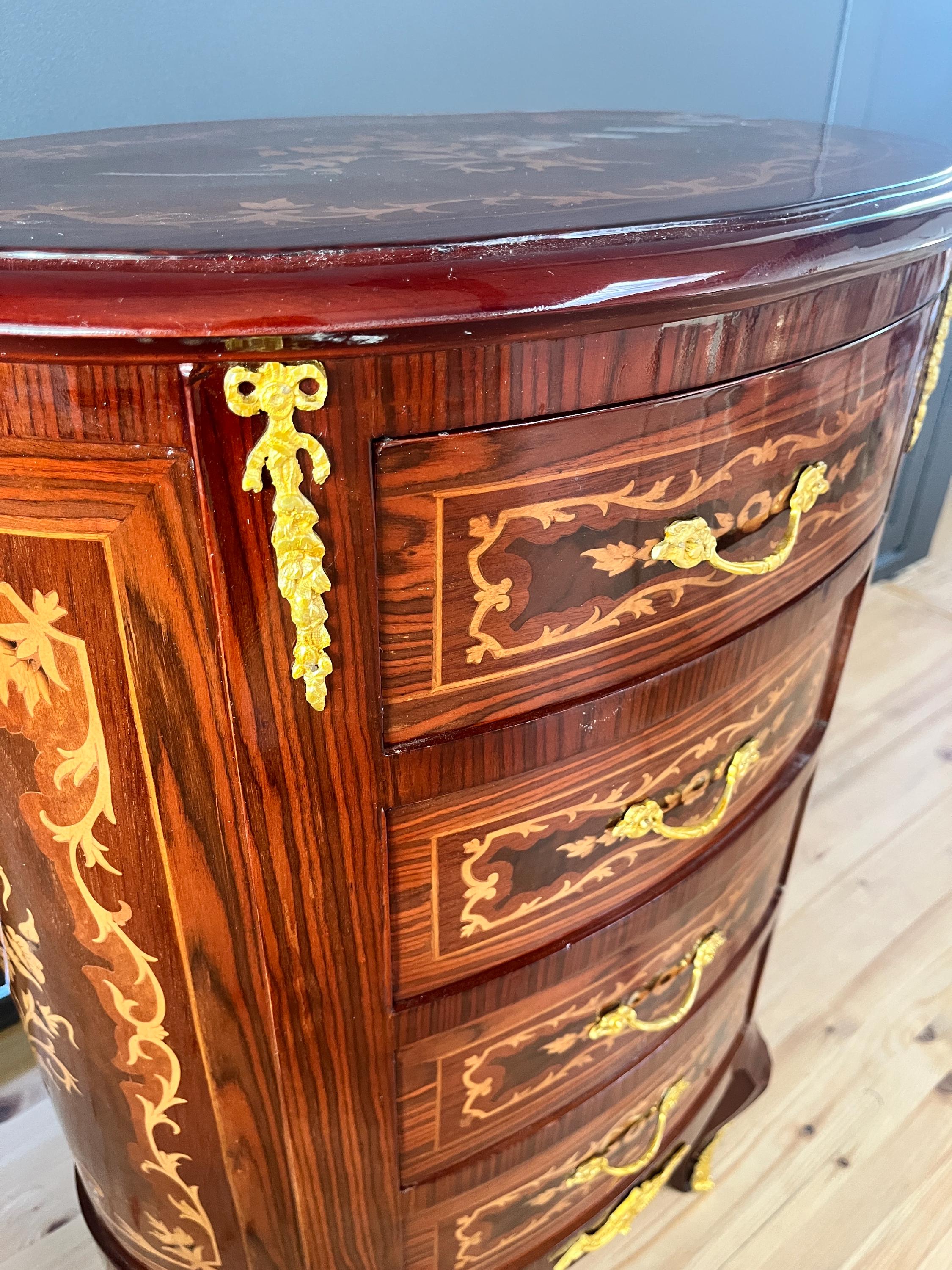 French Antique Style Nightstand Baroque Brown Bedside Table in Oval shape Brass Handles
