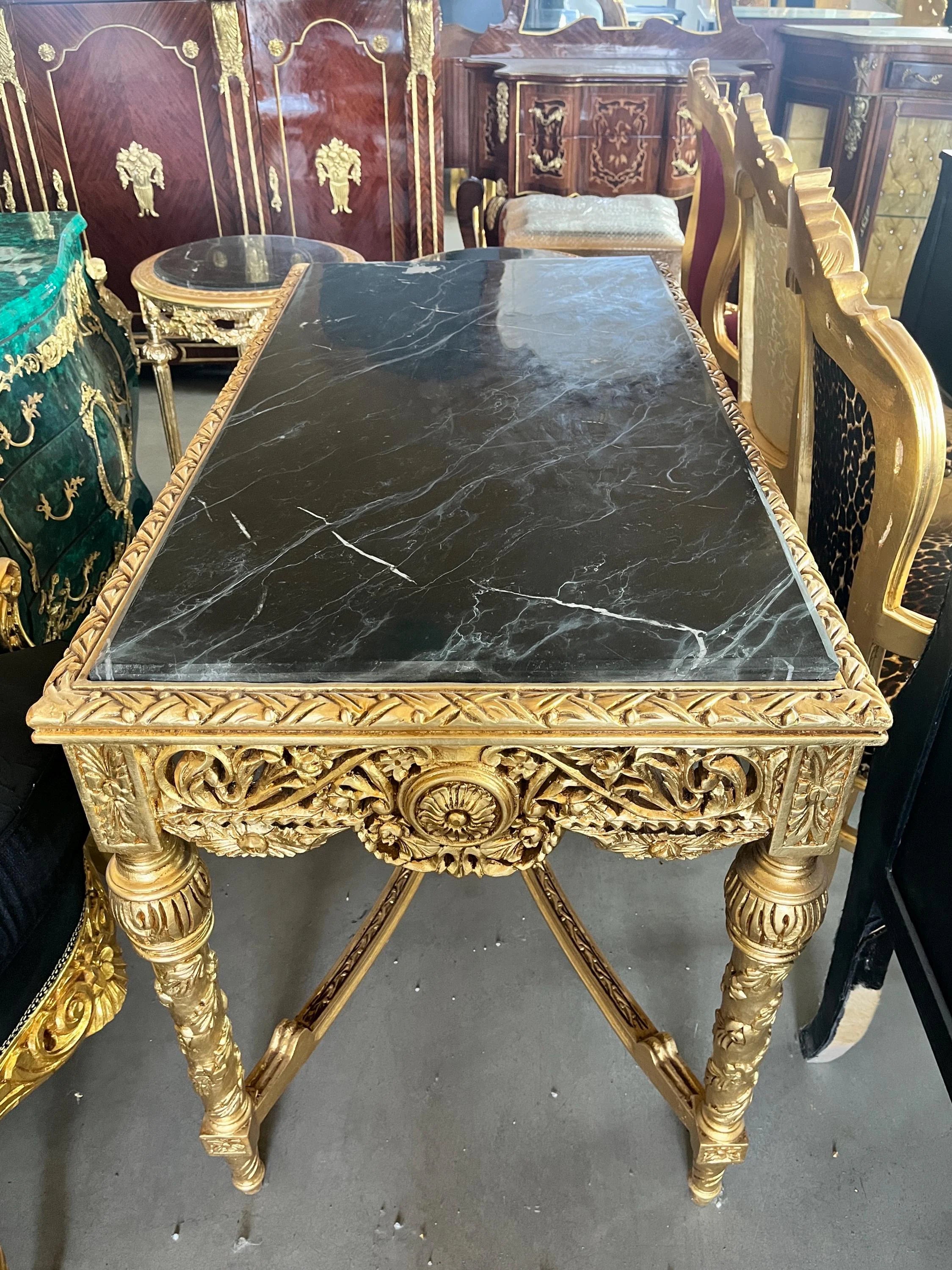 Dining Table Extra Long French Baroque Style in Gold Finish with Beige Color Marble Slab at Top