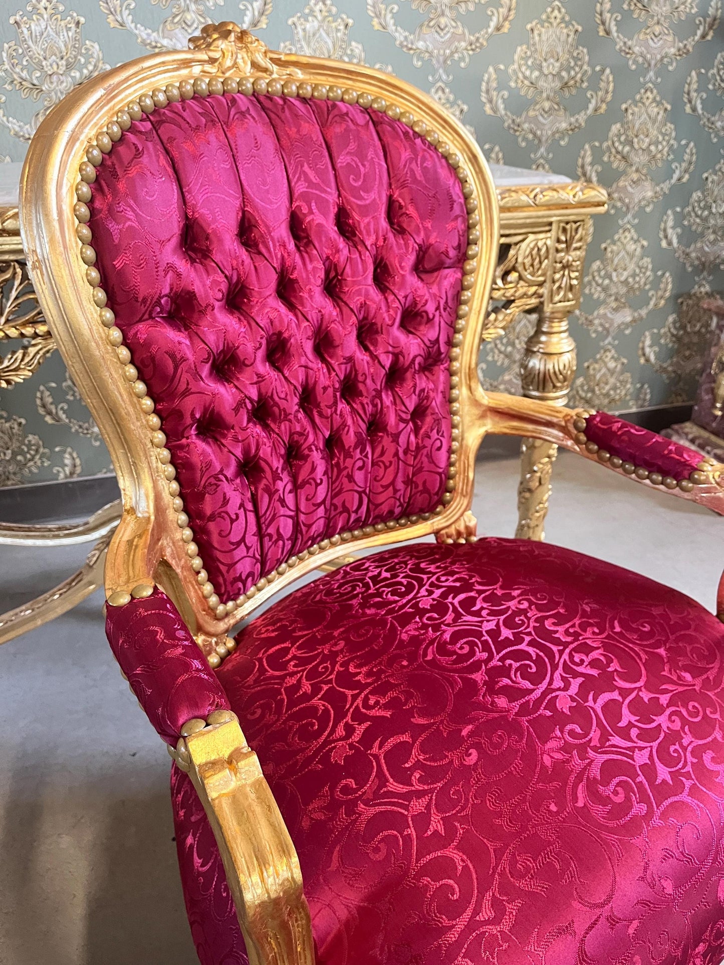 Xmas Red Decor Armchair: Hand-Carved Louis XV Chair, Gold Foil Finish