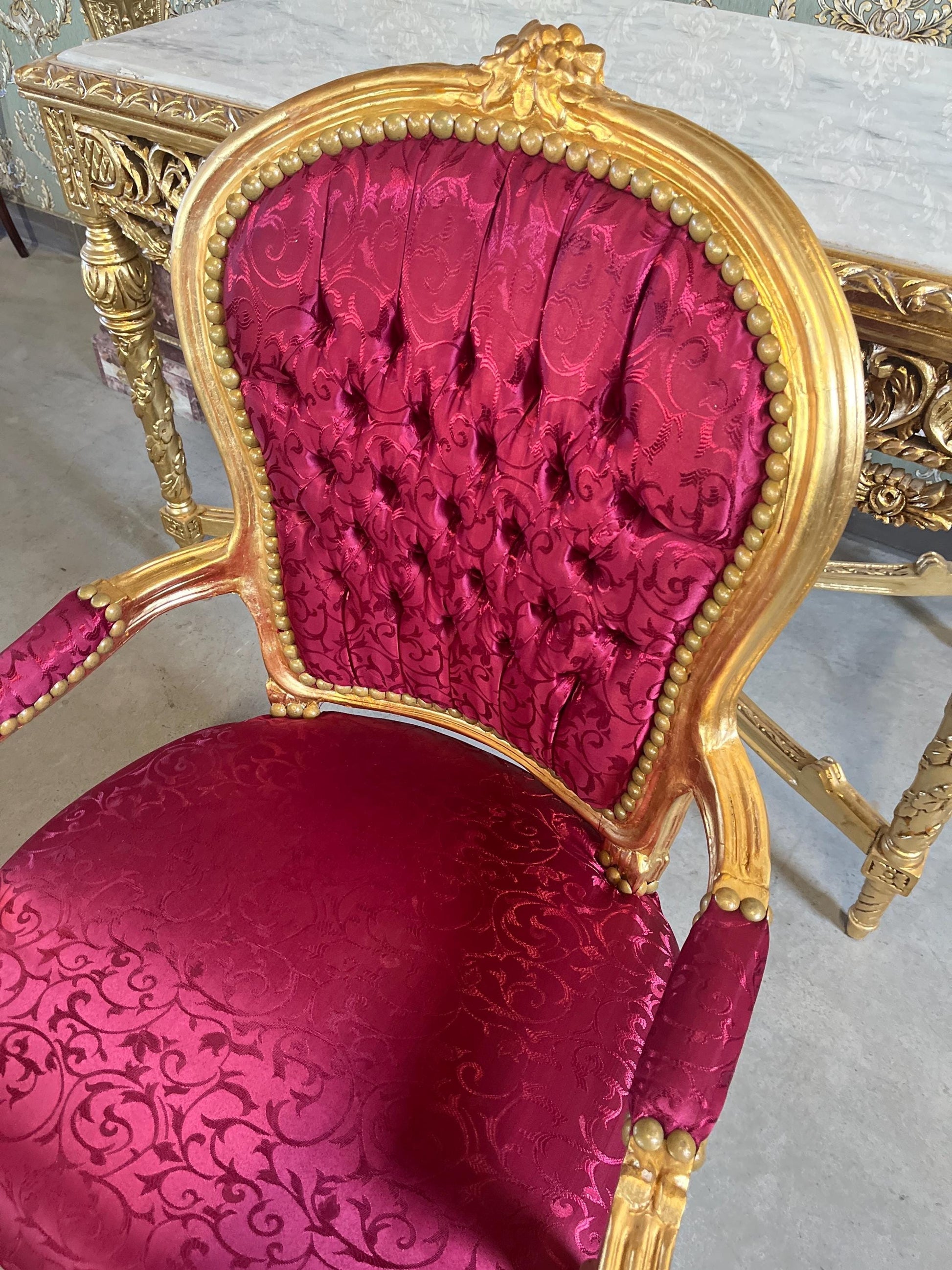 Xmas Red Decor Armchair: Hand-Carved Louis XV Chair, Gold Foil Finish