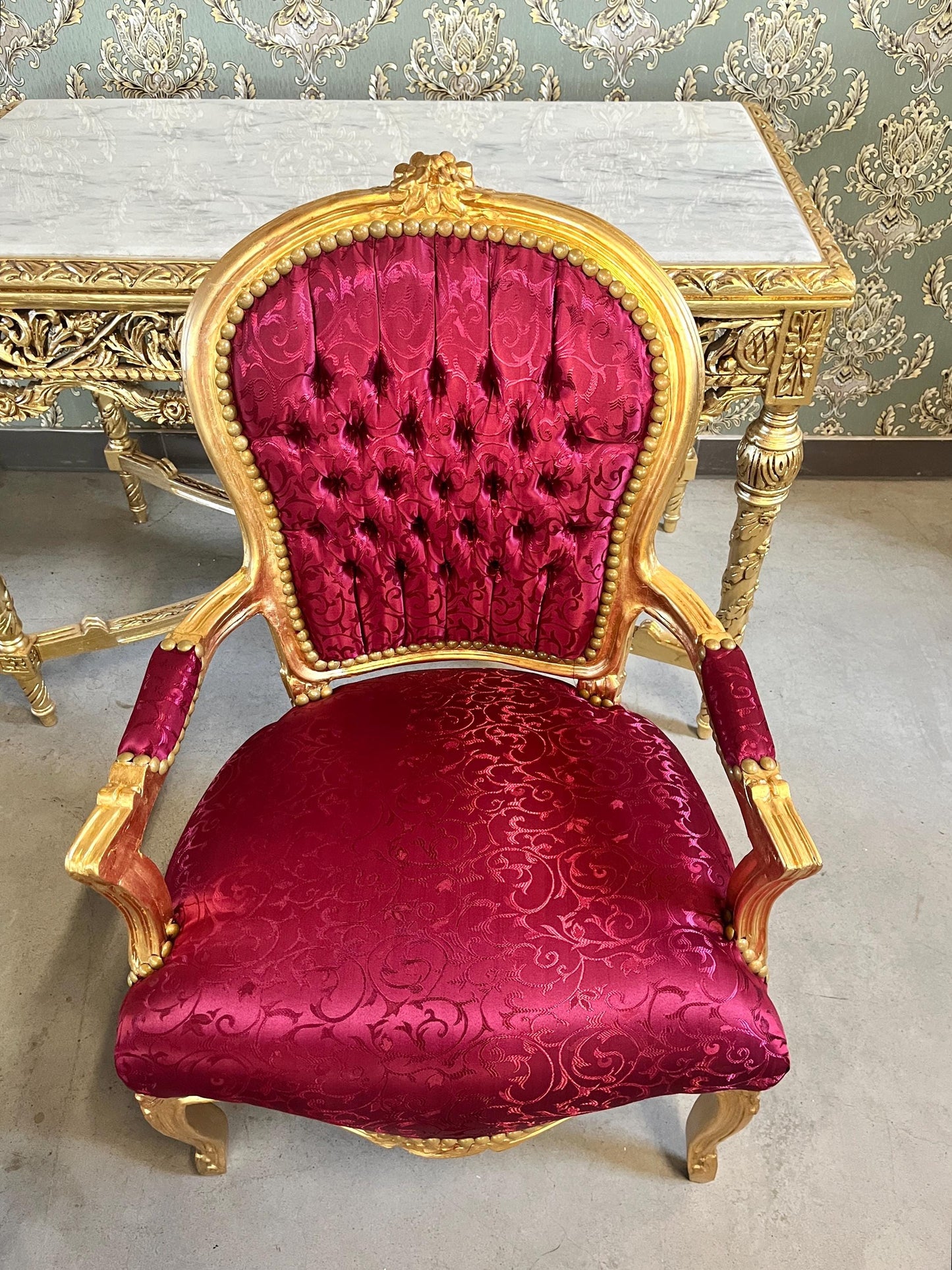 Xmas Red Decor Armchair: Hand-Carved Louis XV Chair, Gold Foil Finish