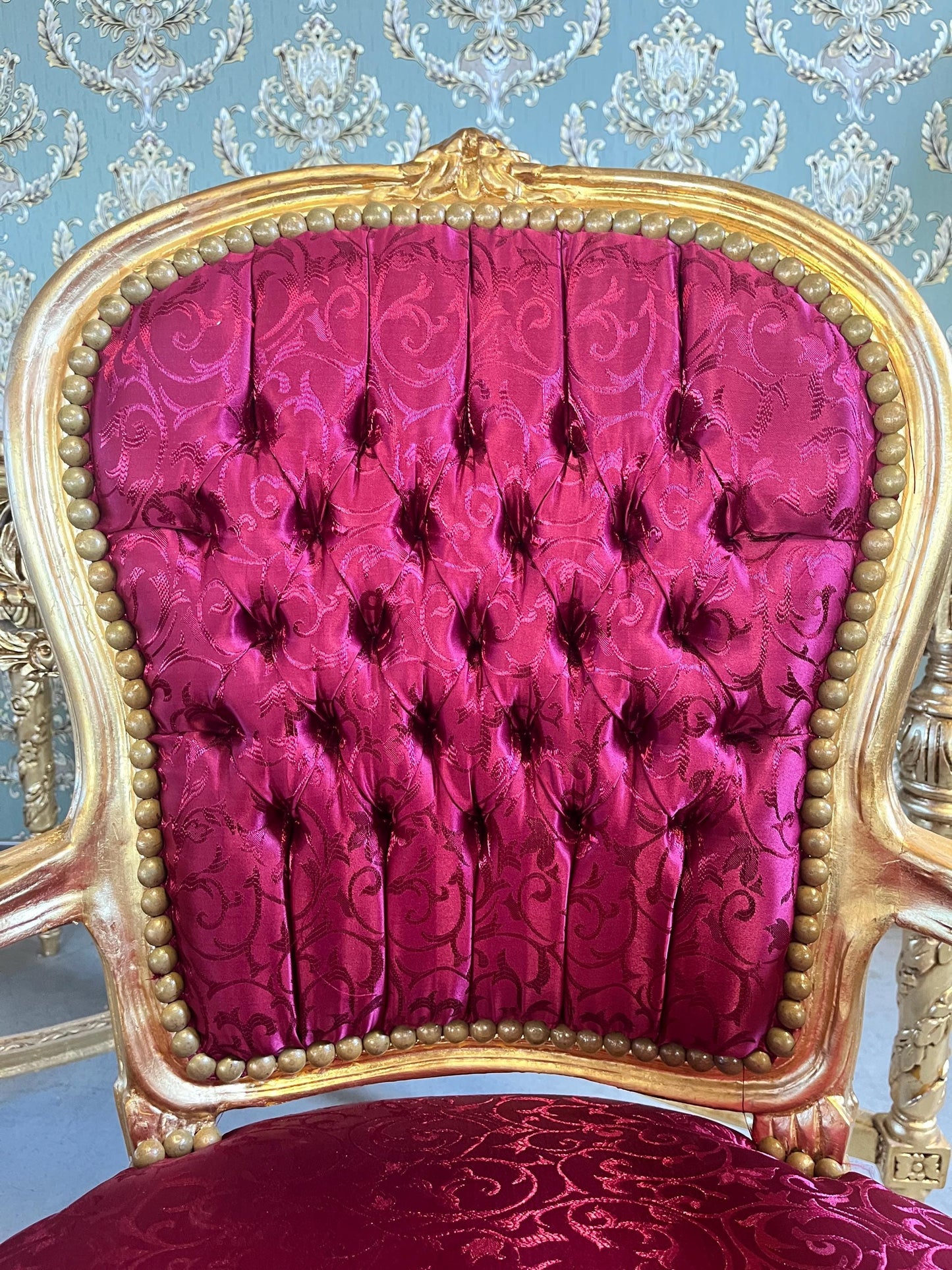 Xmas Red Decor Armchair: Hand-Carved Louis XV Chair, Gold Foil Finish