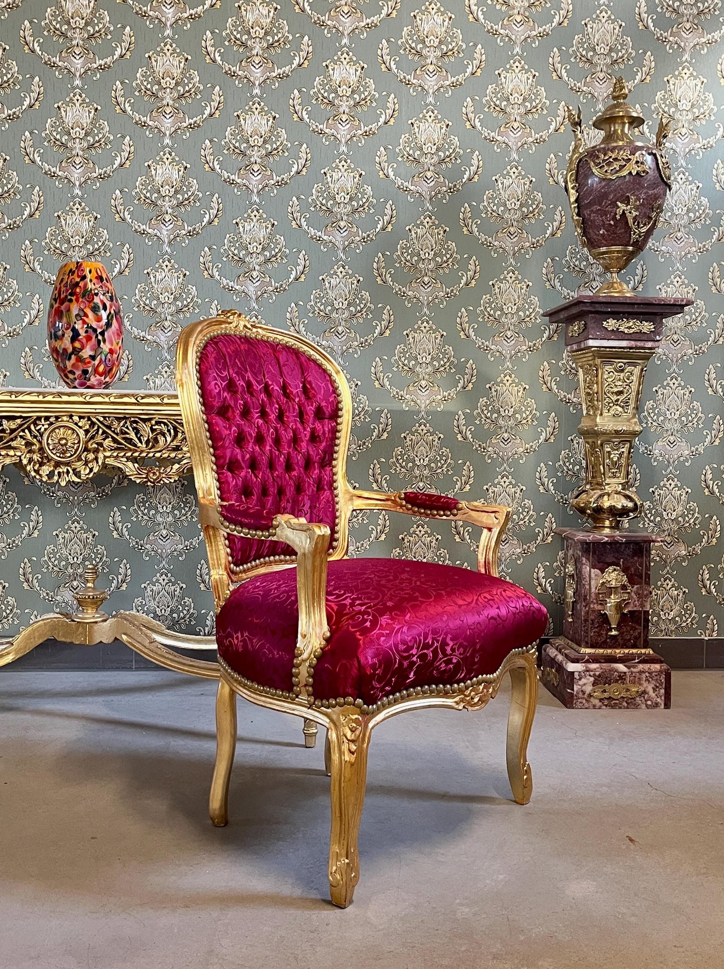 Xmas Red Decor Armchair: Hand-Carved Louis XV Chair, Gold Foil Finish