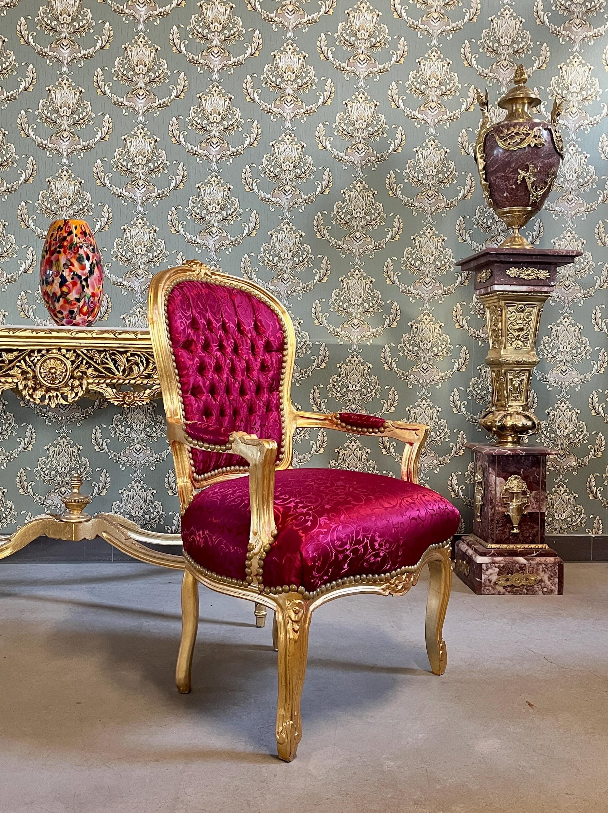 Xmas Red Decor Armchair: Hand-Carved Louis XV Chair, Gold Foil Finish