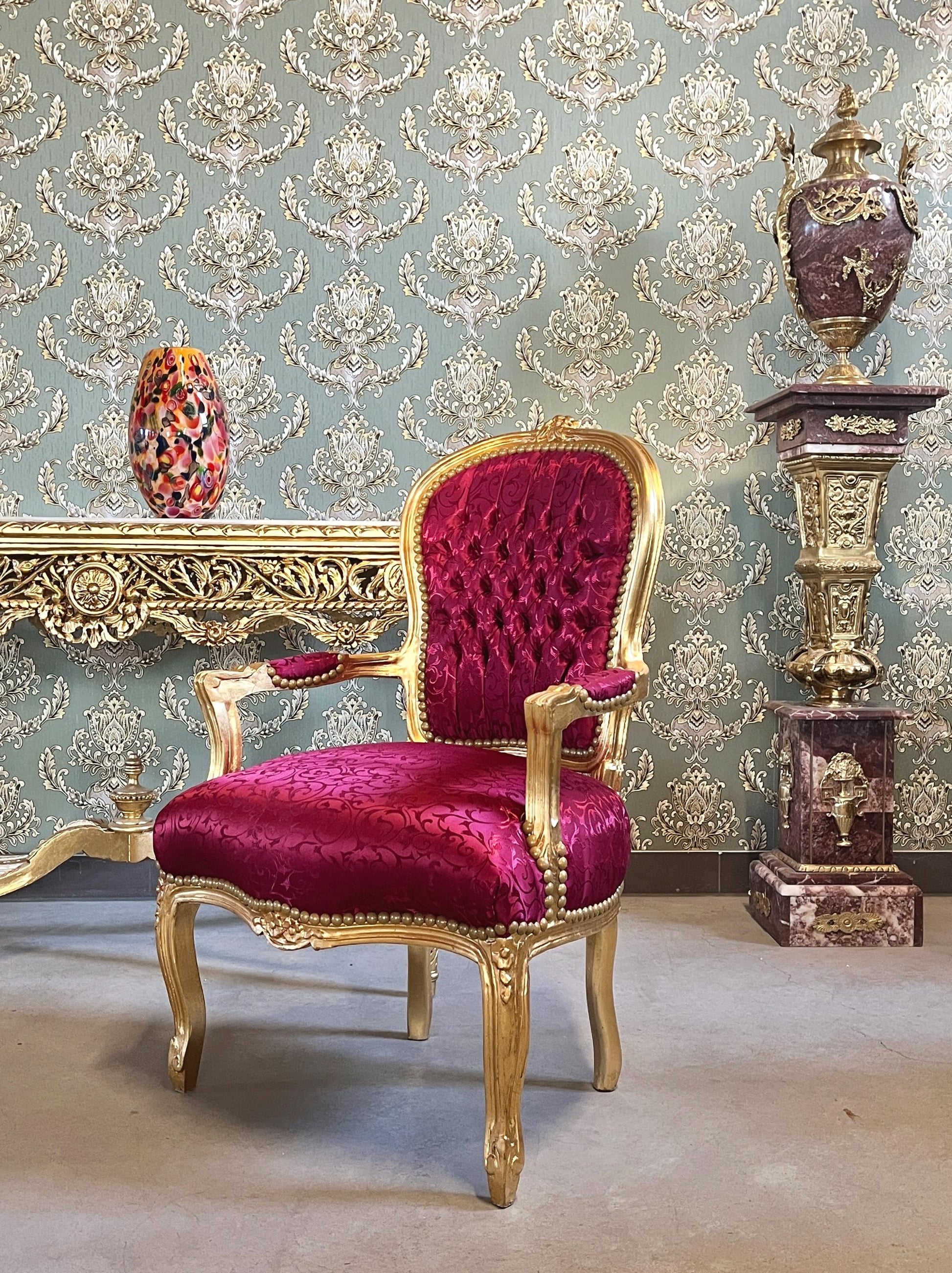 Xmas Red Decor Armchair: Hand-Carved Louis XV Chair, Gold Foil Finish