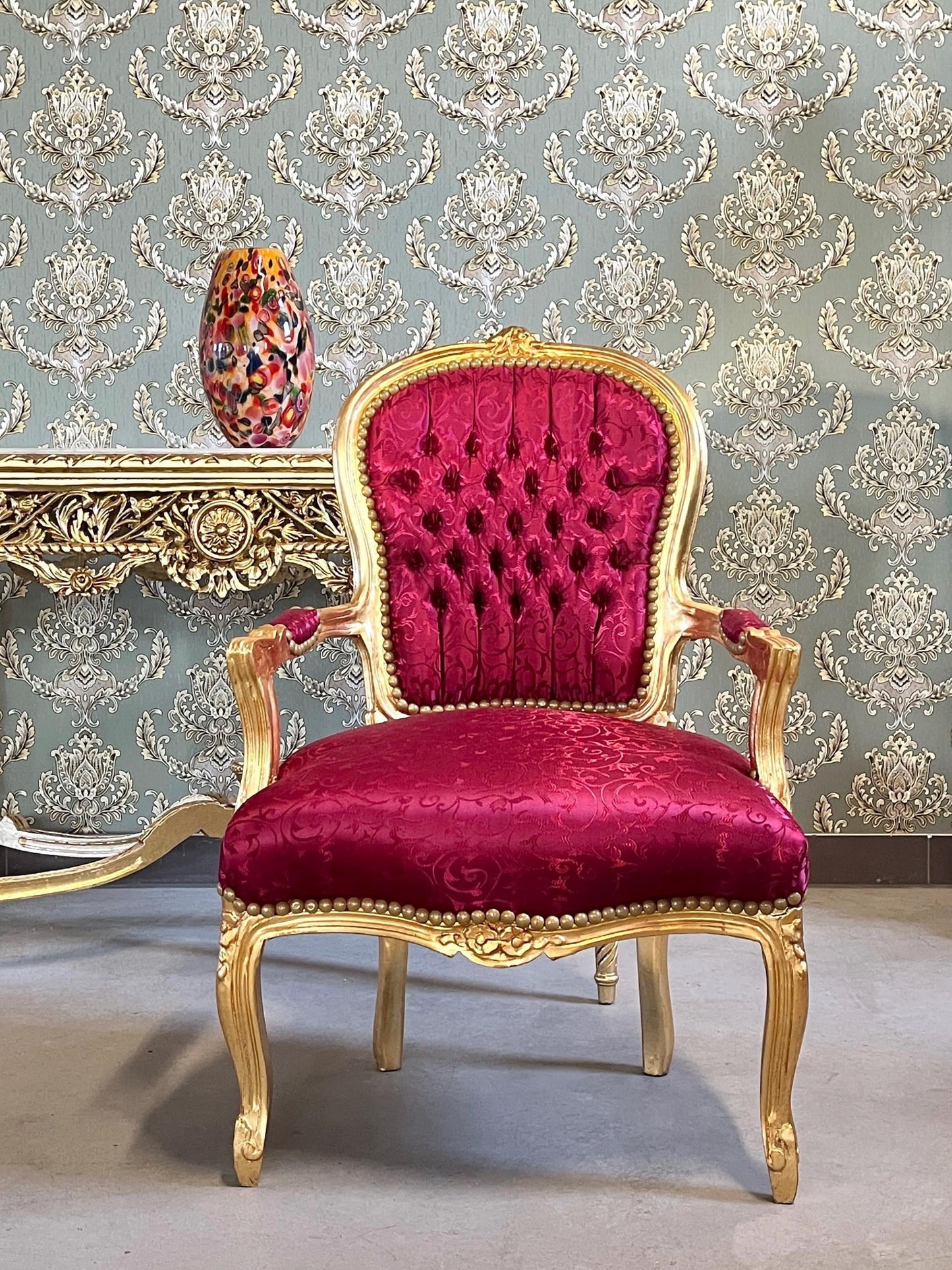 Xmas Red Decor Armchair: Hand-Carved Louis XV Chair, Gold Foil Finish