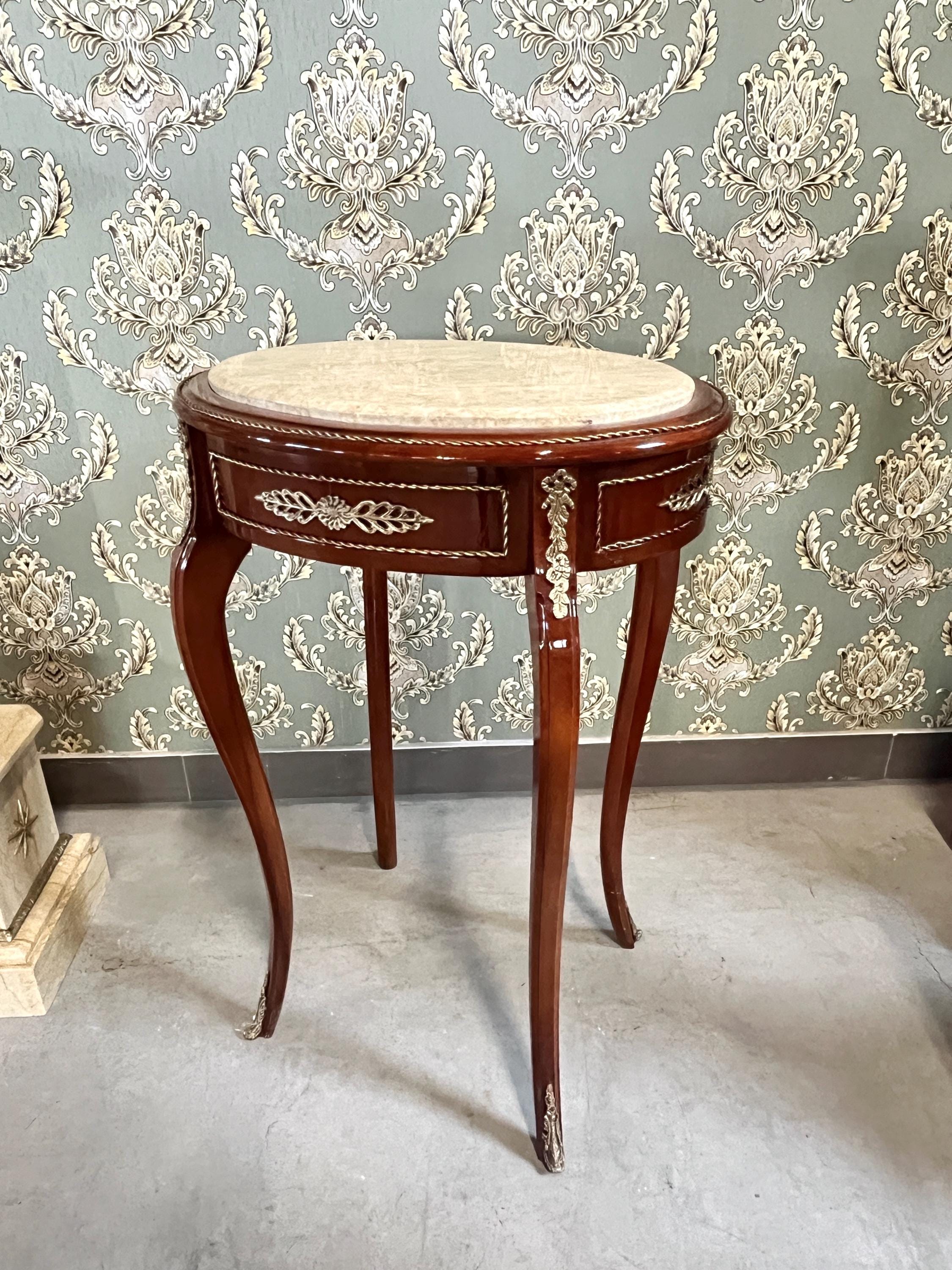 Oval Marble Top Table, Side Table Marble Top, French Louis Baroque Style Wooden Tea Table Beige Color Marble Top Side Table