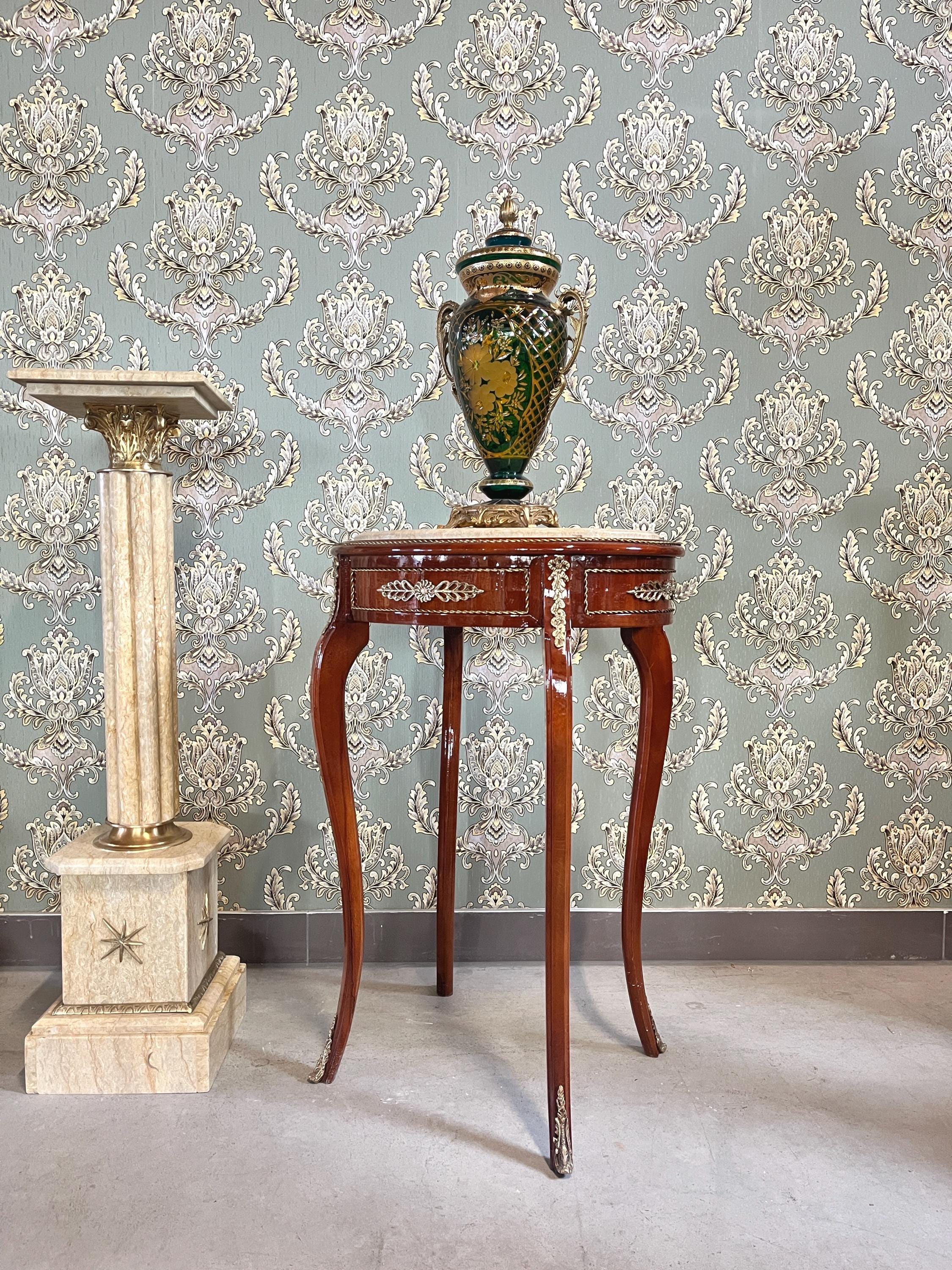Oval Marble Top Table, Side Table Marble Top, French Louis Baroque Style Wooden Tea Table Beige Color Marble Top Side Table