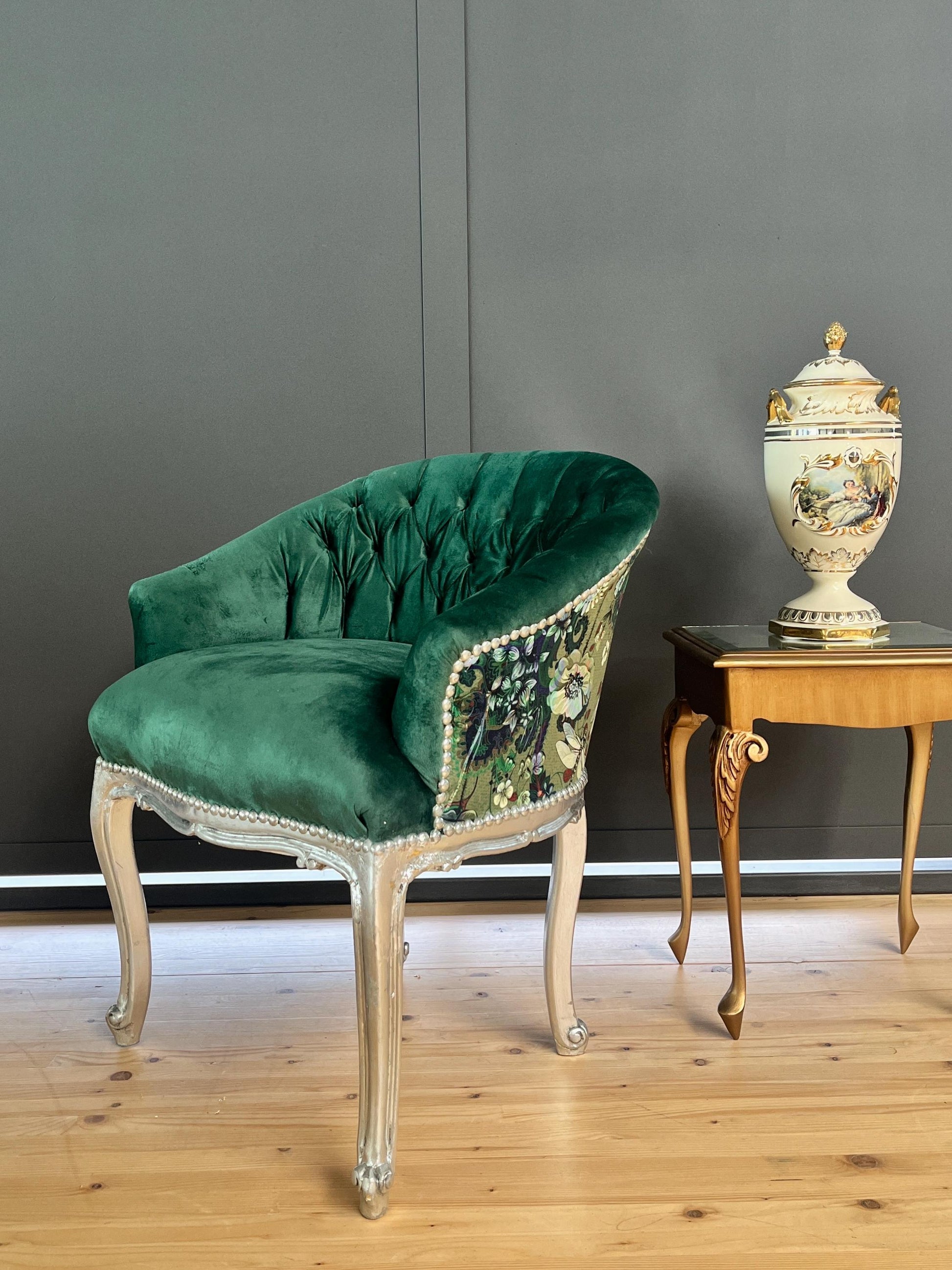 Cocktail Chair Tufted Velvet French Baroque Rococo Style in Animal Jungle Print at Back Bar Chair Velvet Yellow Velvet Green Lounge Chair