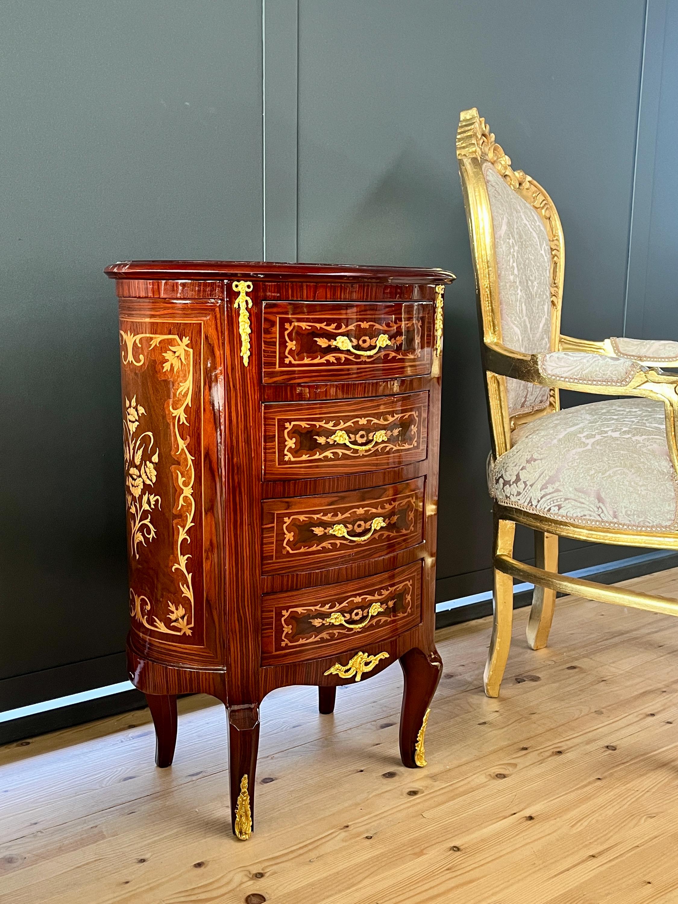 French Antique Style Nightstand Baroque Brown Bedside Table in Oval shape Brass Handles