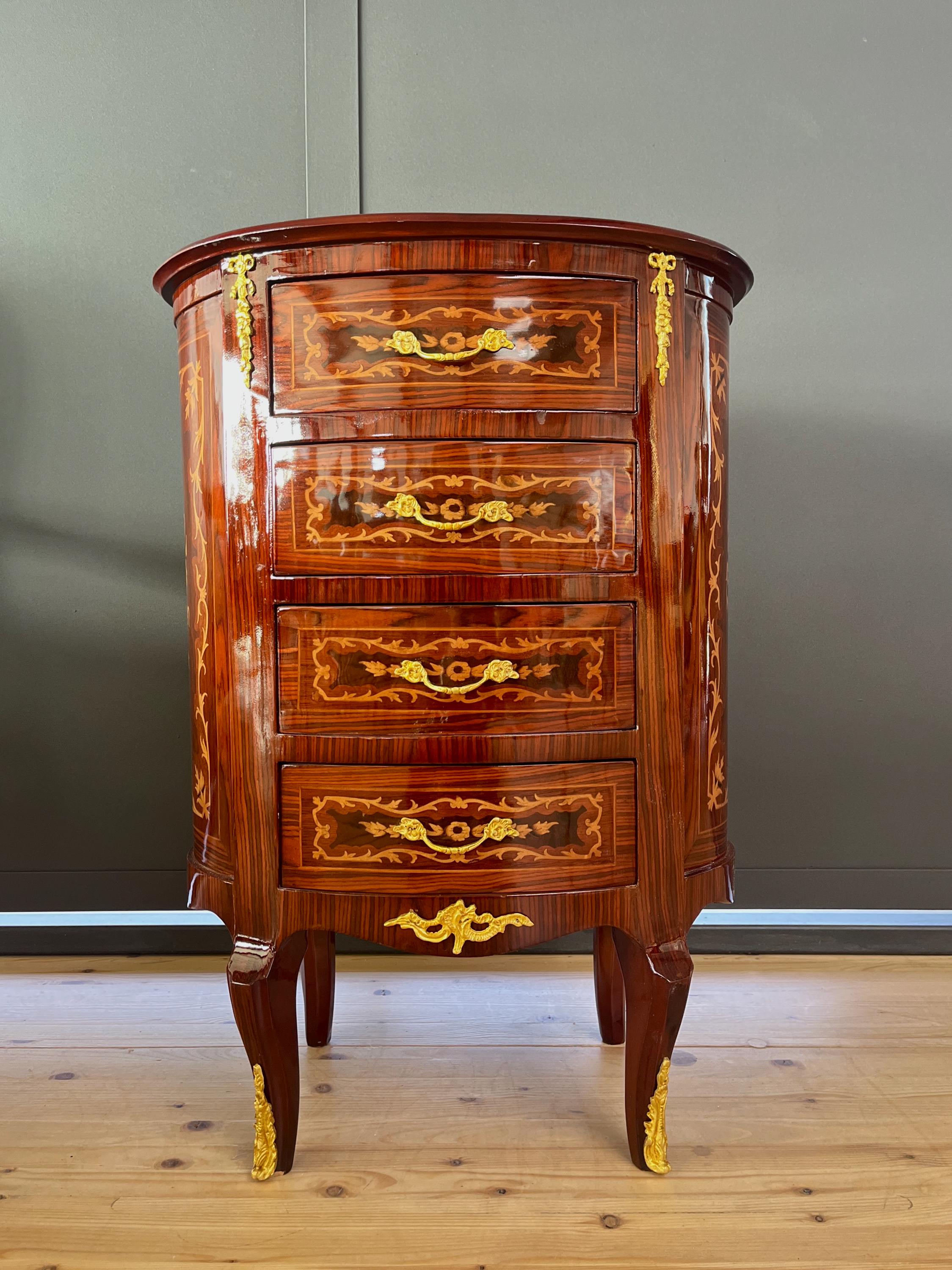 French Antique Style Nightstand Baroque Brown Bedside Table in Oval shape Brass Handles