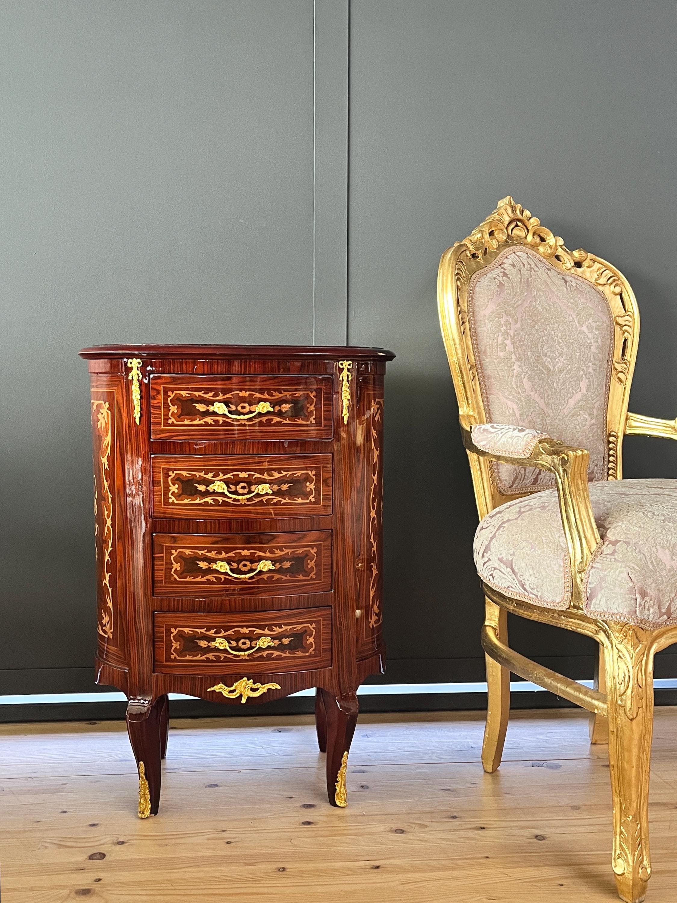 French Antique Style Nightstand Baroque Brown Bedside Table in Oval shape Brass Handles