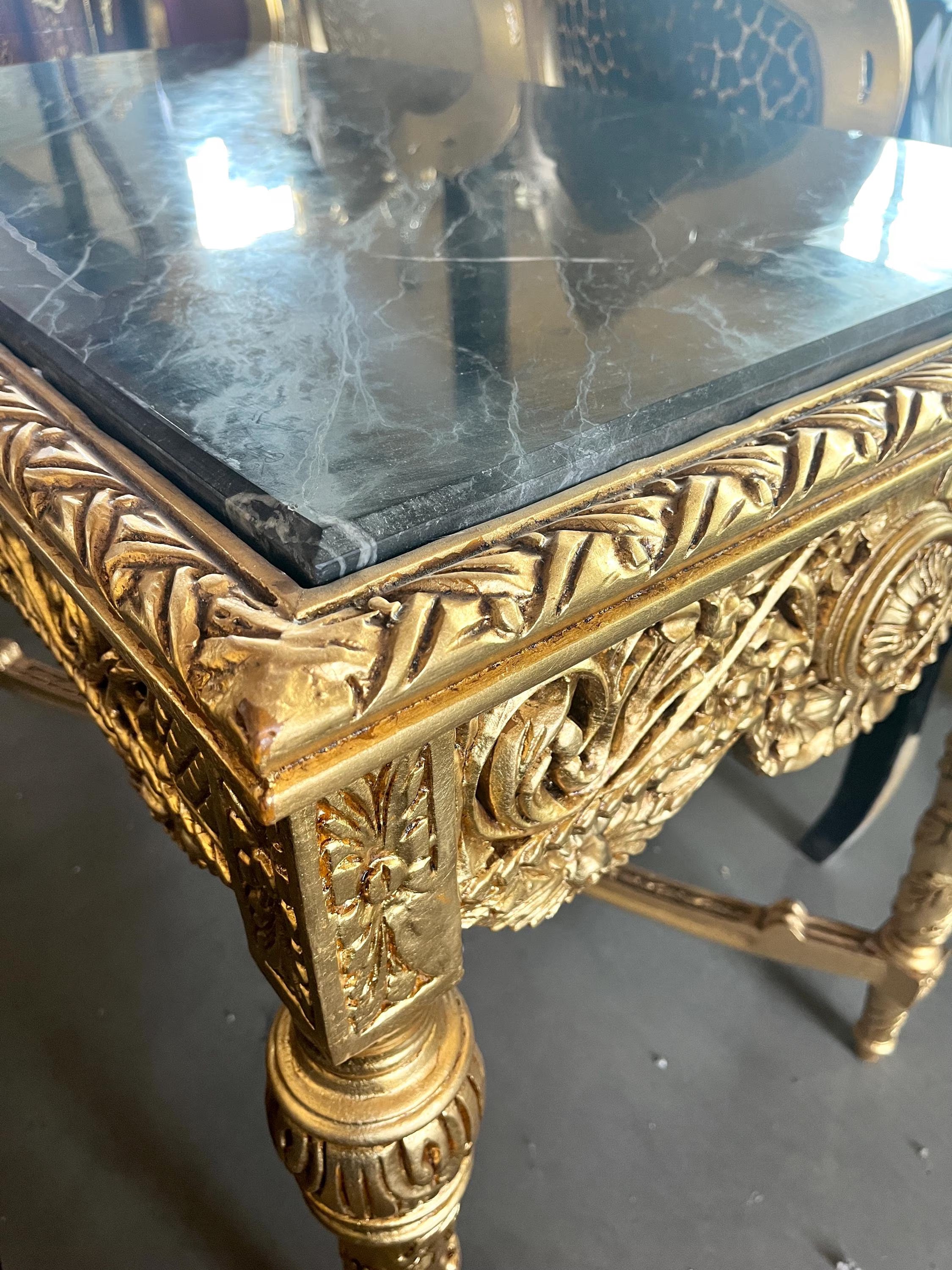 Dining Table Extra Long French Baroque Style in Gold Finish with Beige Color Marble Slab at Top
