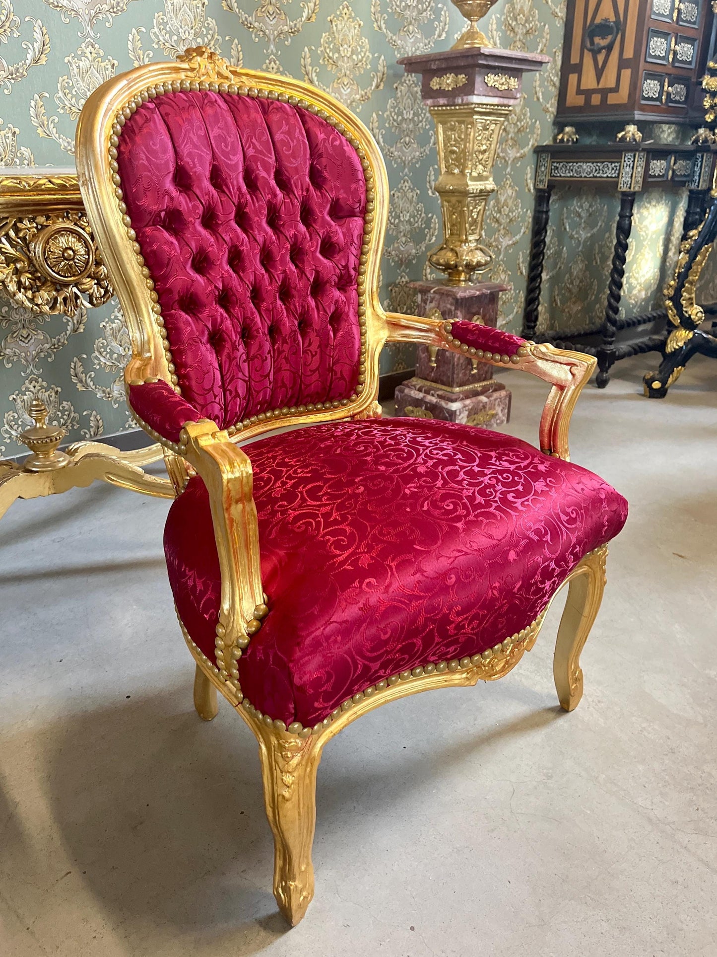 Xmas Red Decor Armchair: Hand-Carved Louis XV Chair, Gold Foil Finish