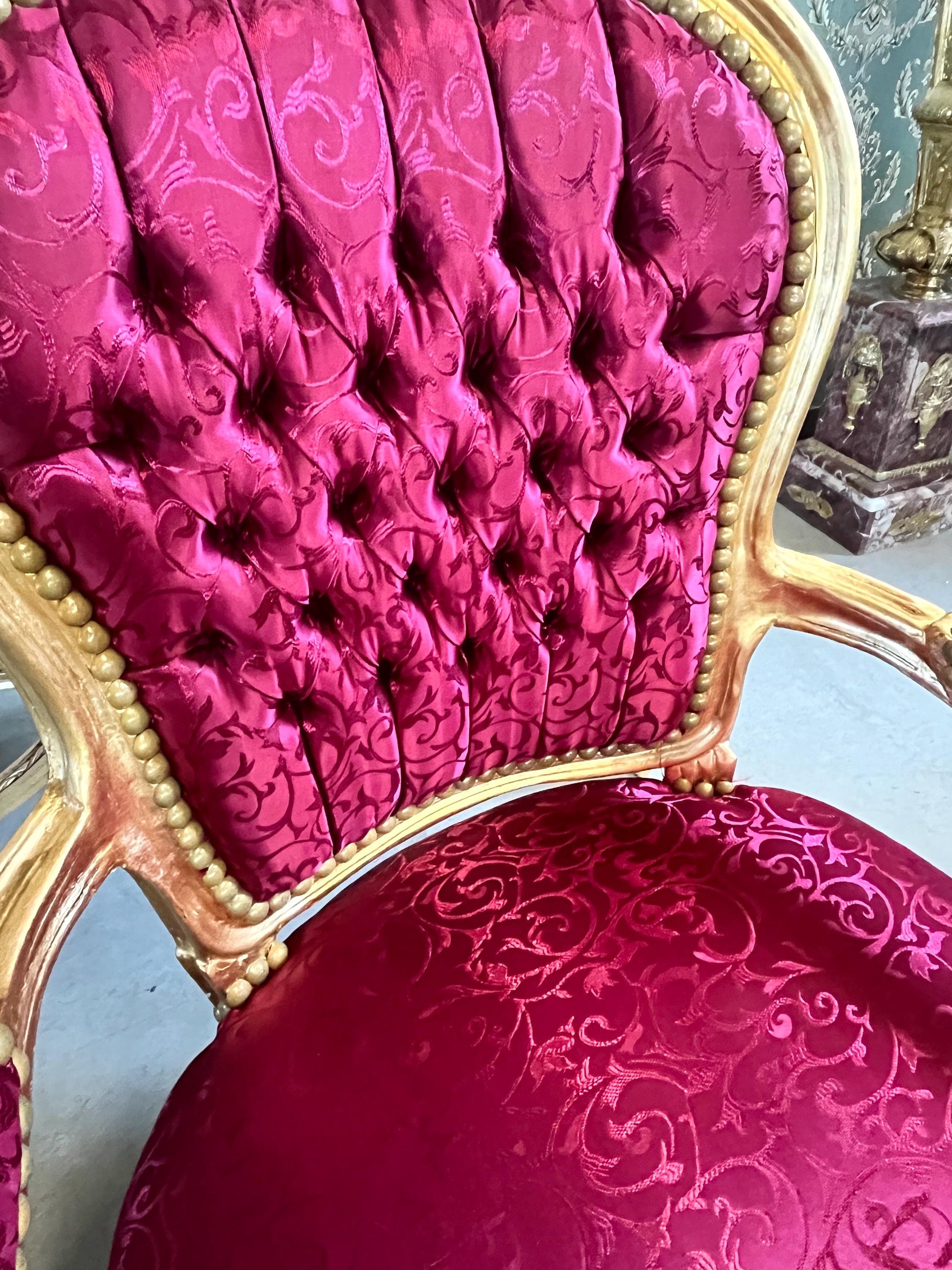 Xmas Red Decor Armchair: Hand-Carved Louis XV Chair, Gold Foil Finish
