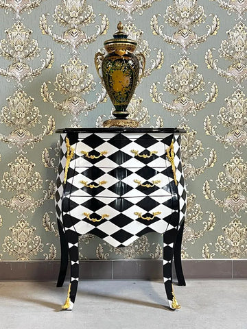 Rococo Black Diamond Print Nightstand Hand-Carved Luxury Bedroom Accent Table