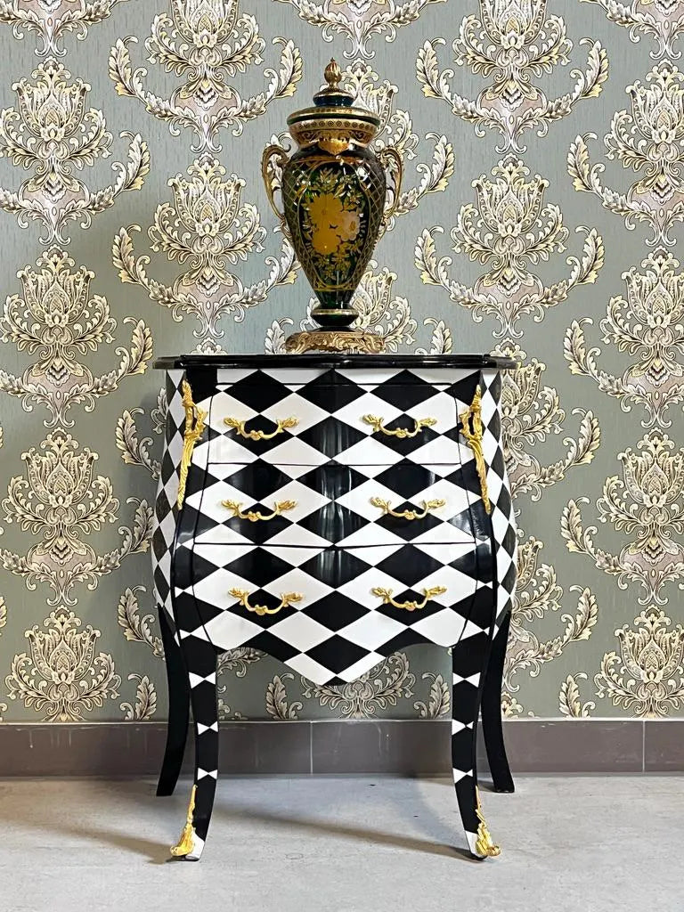 Rococo Black Diamond Print Nightstand Hand-Carved Luxury Bedroom Accent Table