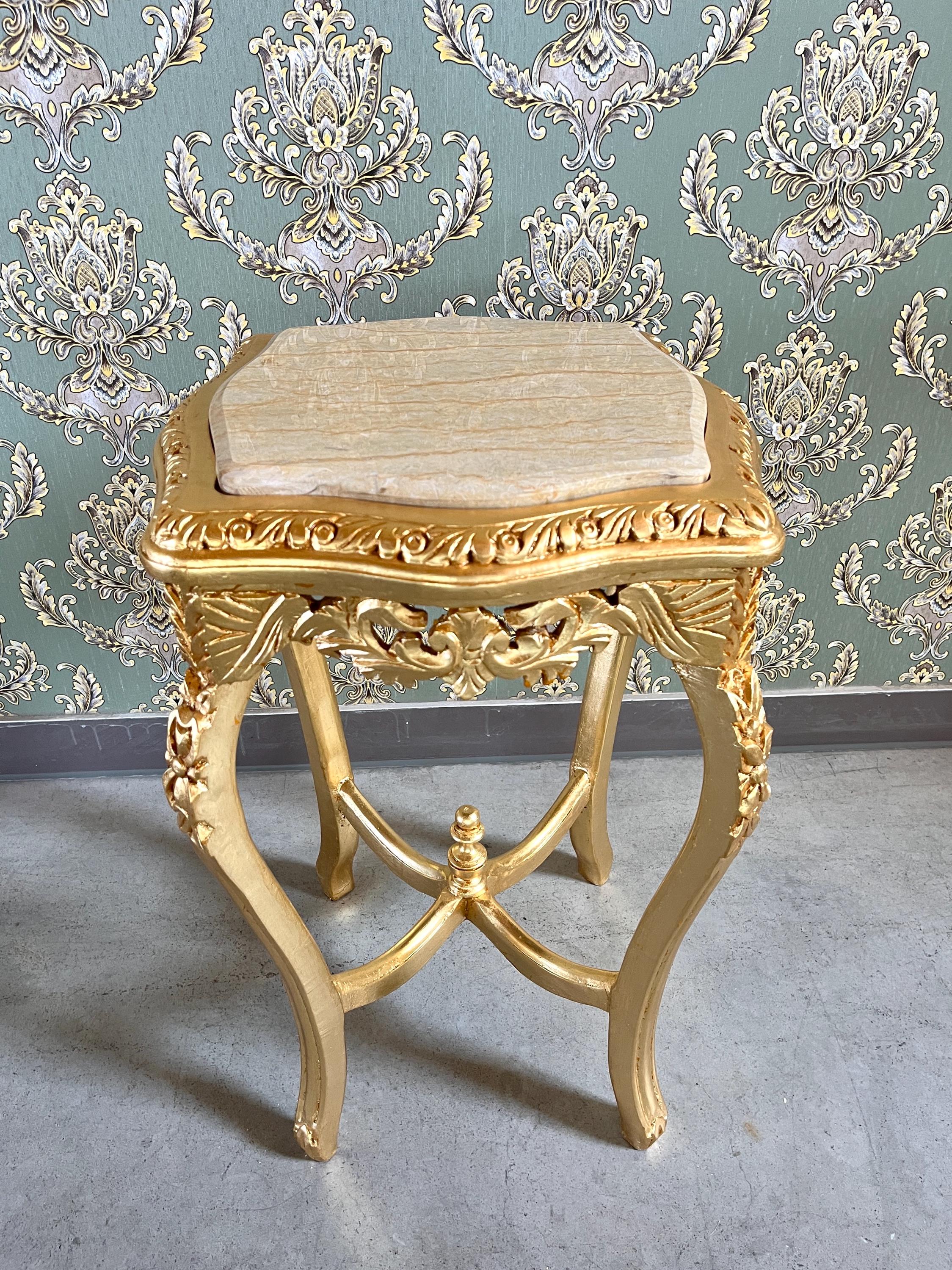 Baroque Accent Side Table: French Style Beige Marble Top and Gold Finish