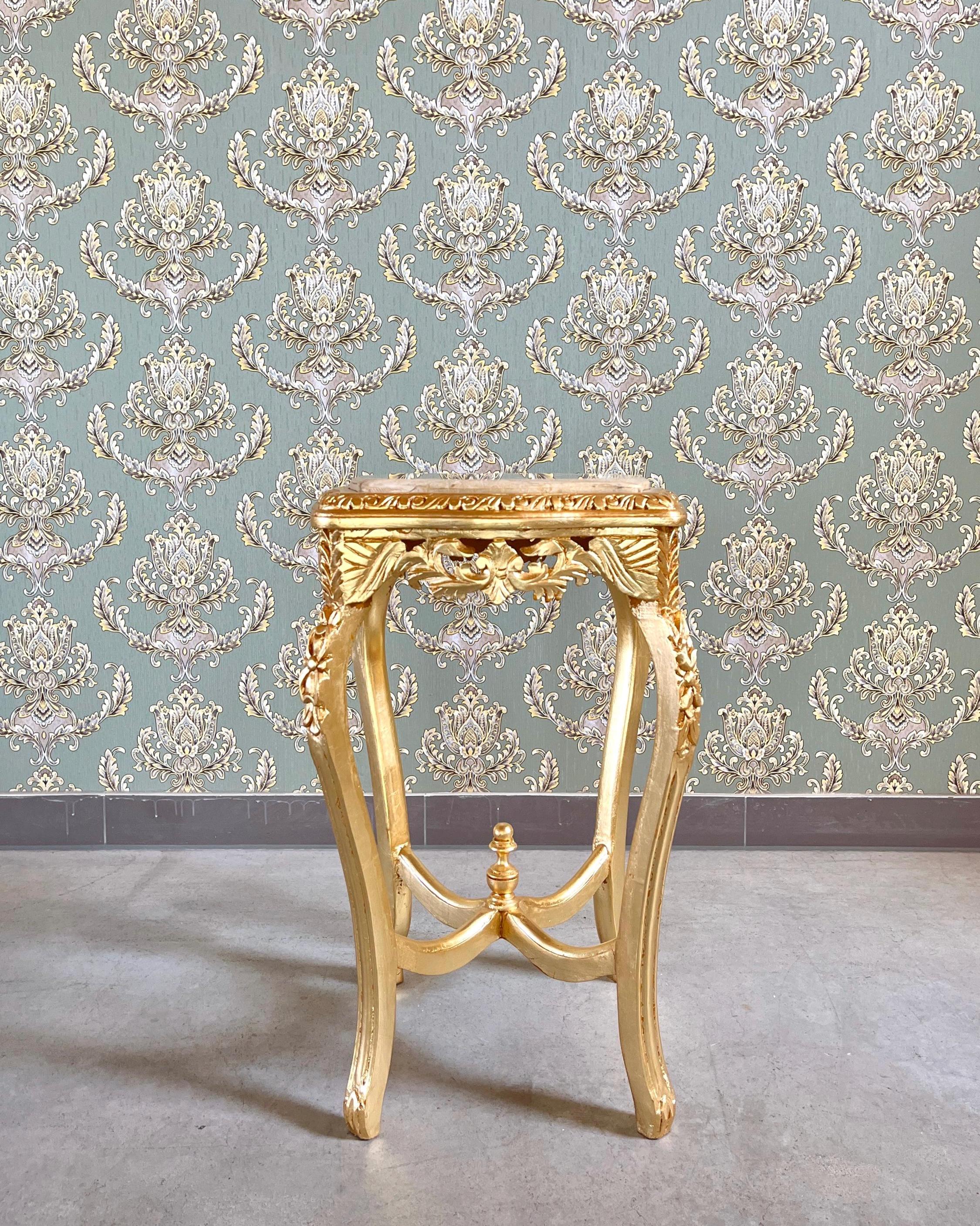 Baroque Accent Side Table: French Style Beige Marble Top and Gold Finish