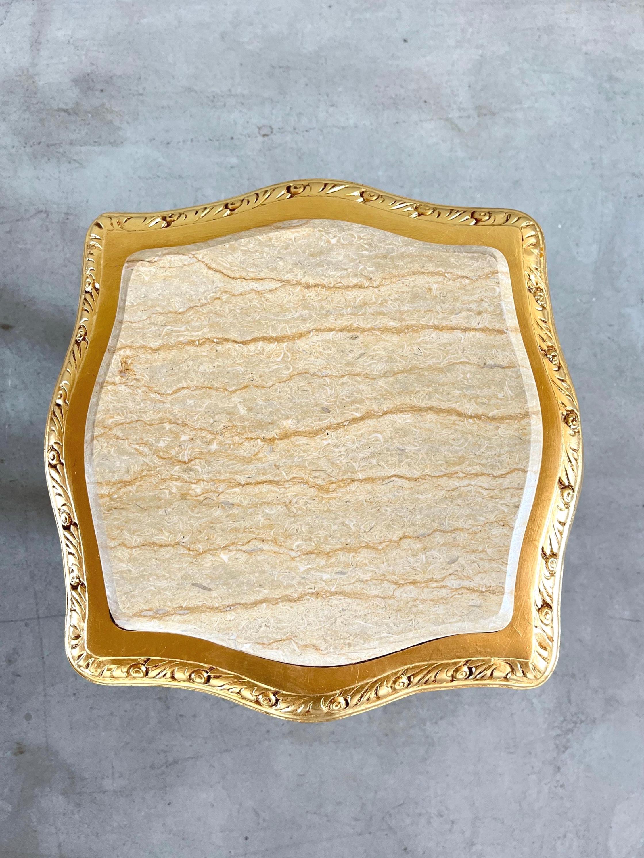Baroque Accent Side Table: French Style Beige Marble Top and Gold Finish