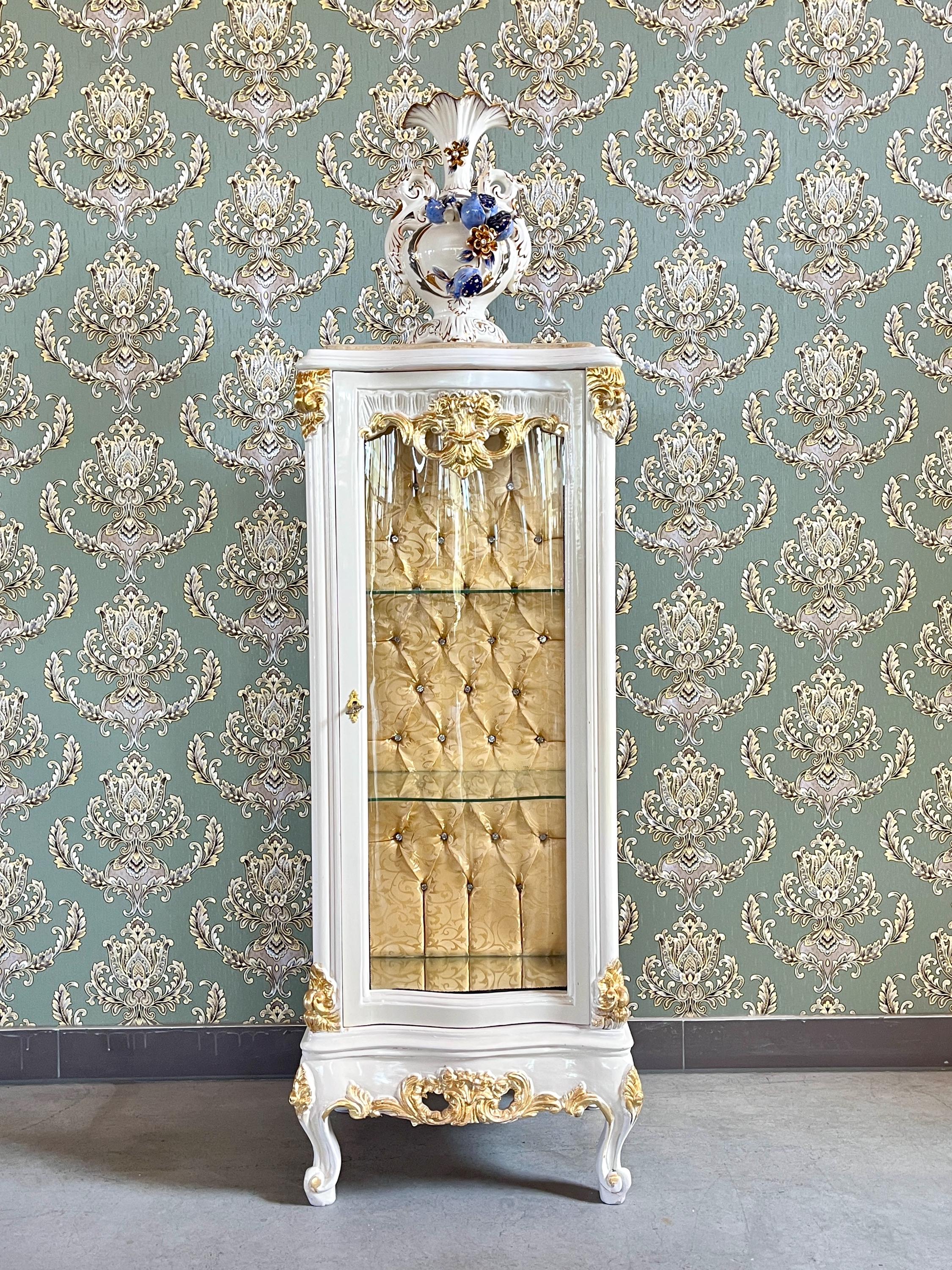 French Baroque Style Showcase Gold Silver Finish Glass Door Display Cabinet