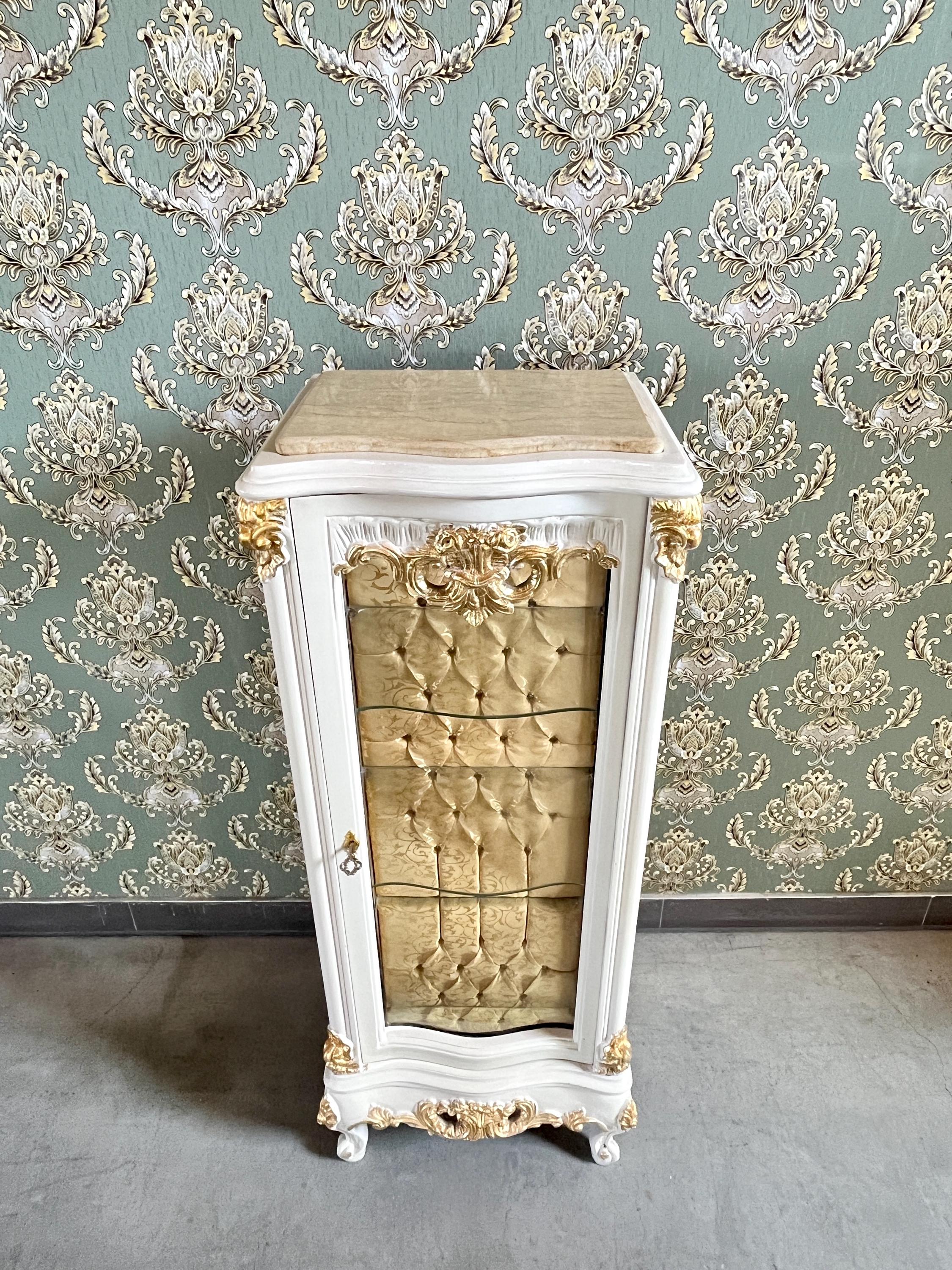 French Baroque Style Showcase Gold Silver Finish Glass Door Display Cabinet