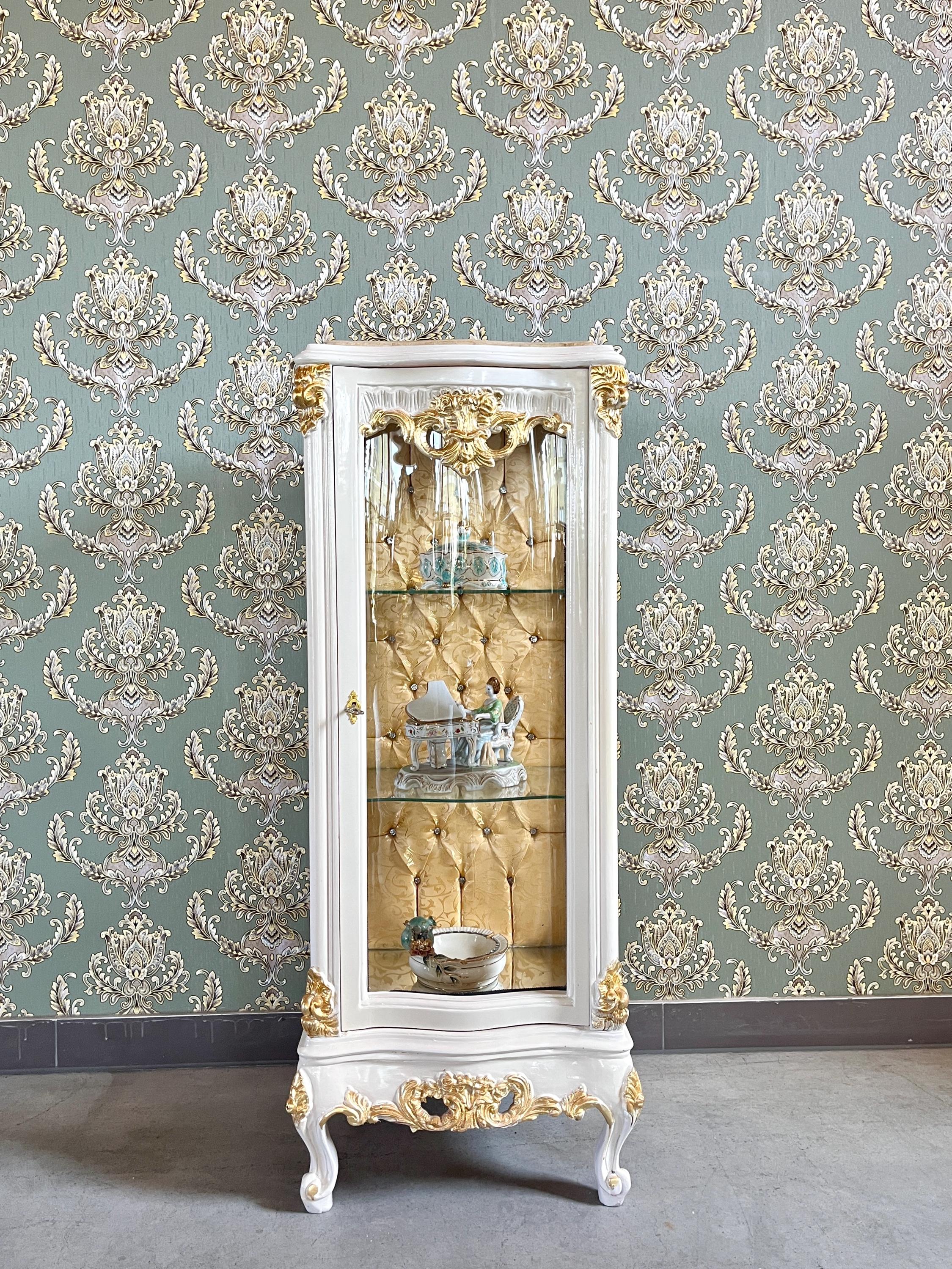 French Baroque Style Showcase Gold Silver Finish Glass Door Display Cabinet